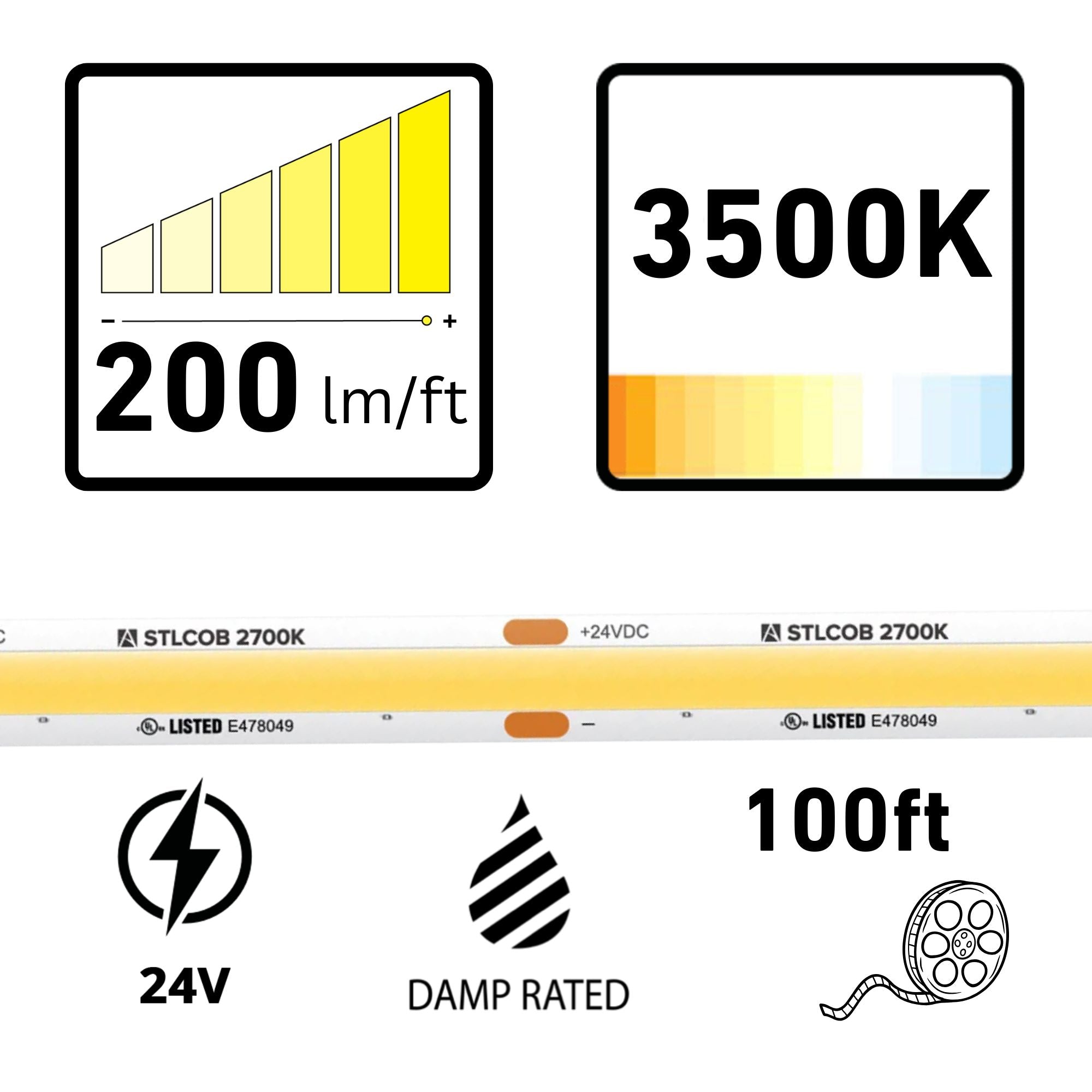 Trulux, 100ft, COB Tape Light, IP54, 3500K, 200 Lumens/ft, 24V