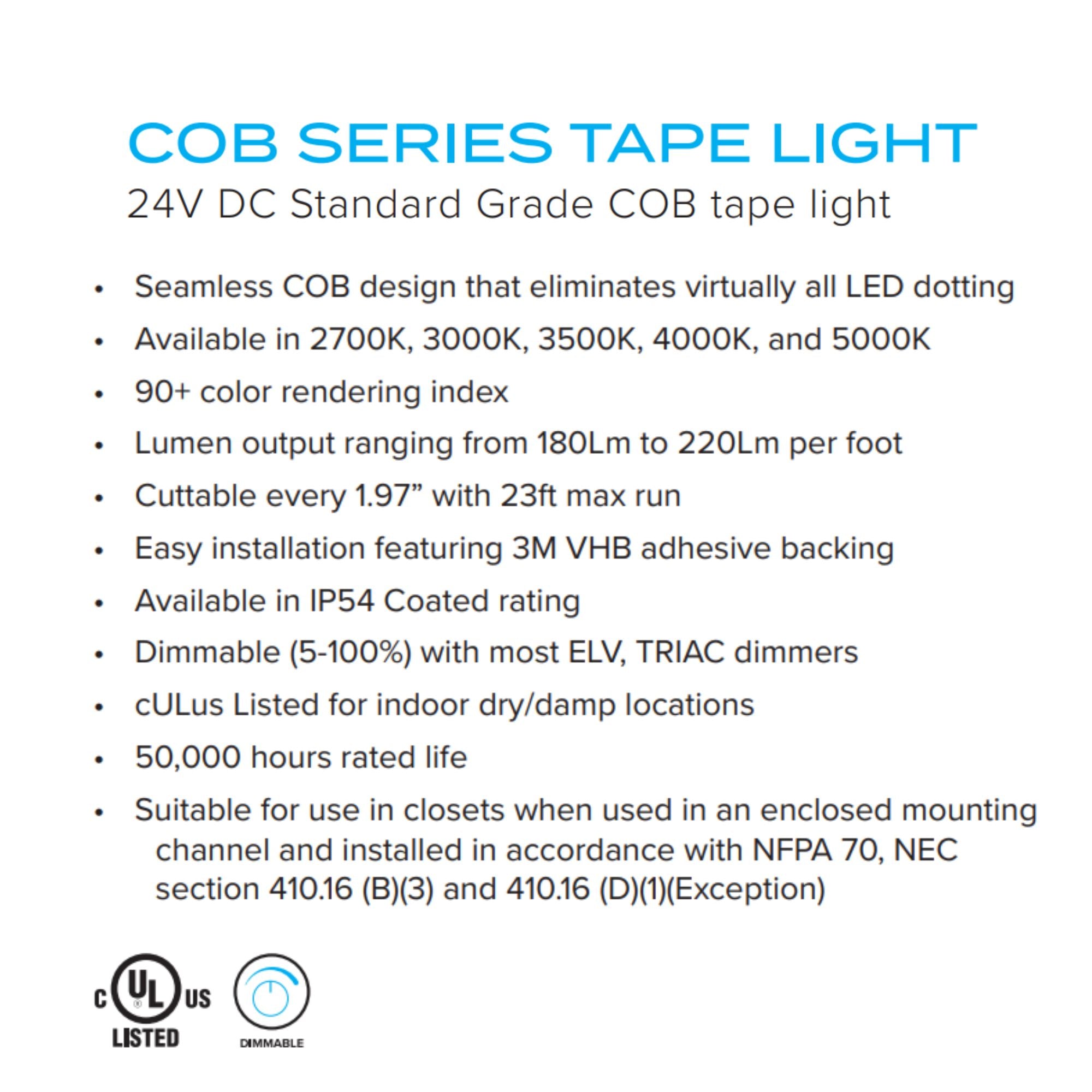 American Lighting STL-COB-CW-100 - COB LED Tape Light, 24V, 220 lm/ft, 5000K Cool White, IP54 Rated, 100ft Reel (STL-COB-CW-100)
