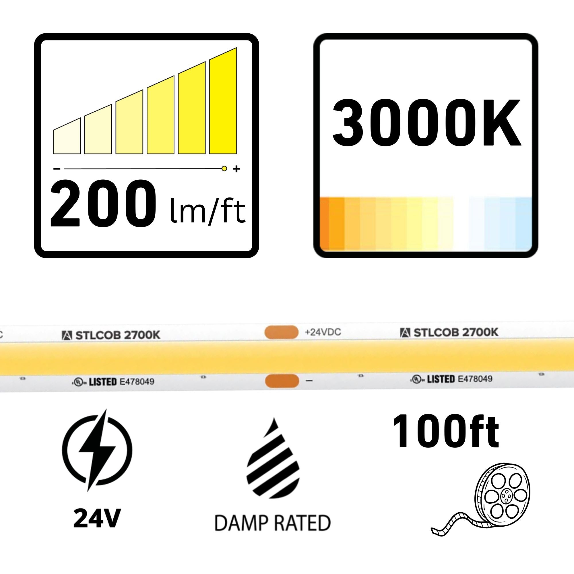 American Lighting Trulux, 100ft, COB Tape Light, IP54, 3000K, 200 Lumens per Foot, 24V