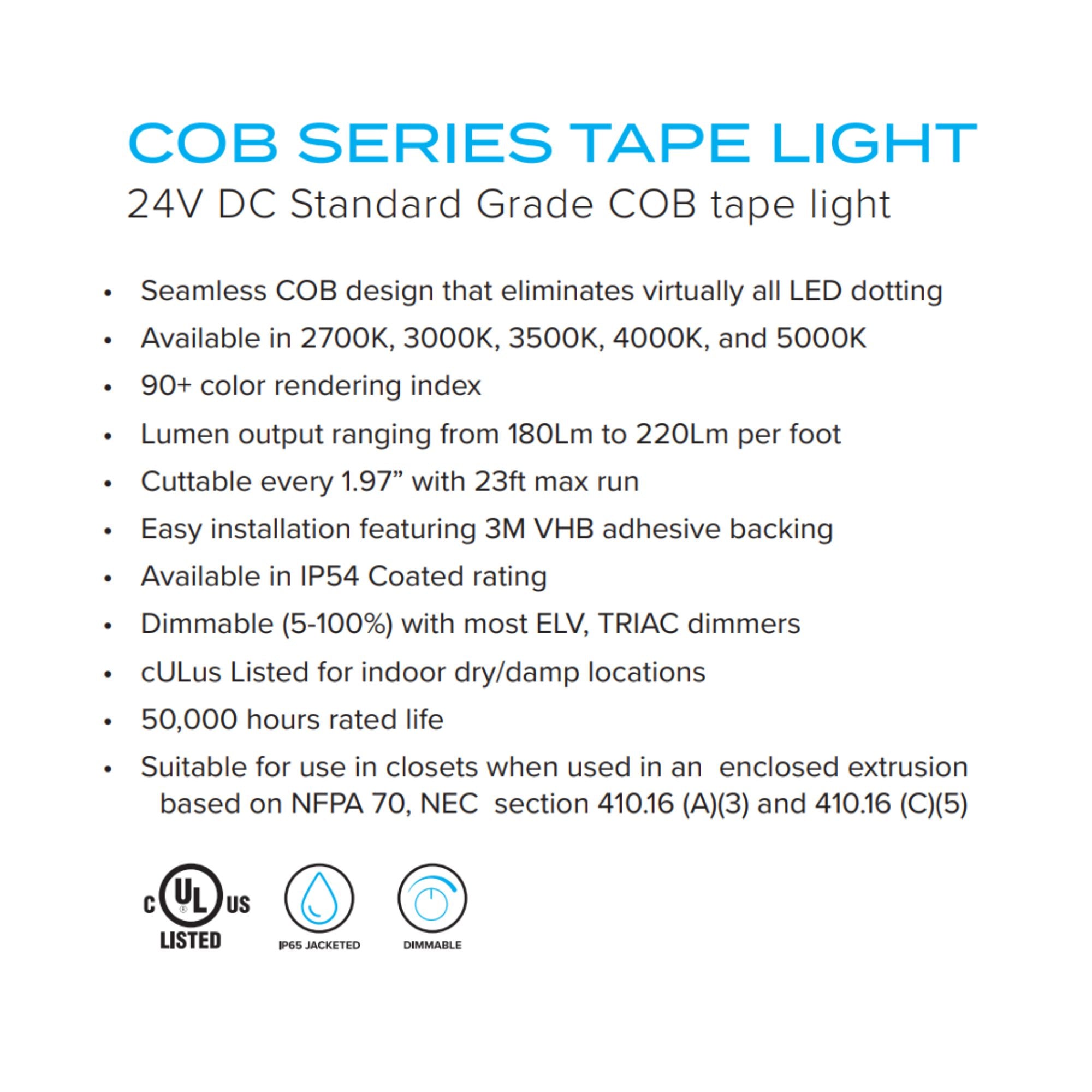 American Lighting Trulux, 100ft, COB Tape Light, IP54, 3000K, 200 Lumens per Foot, 24V