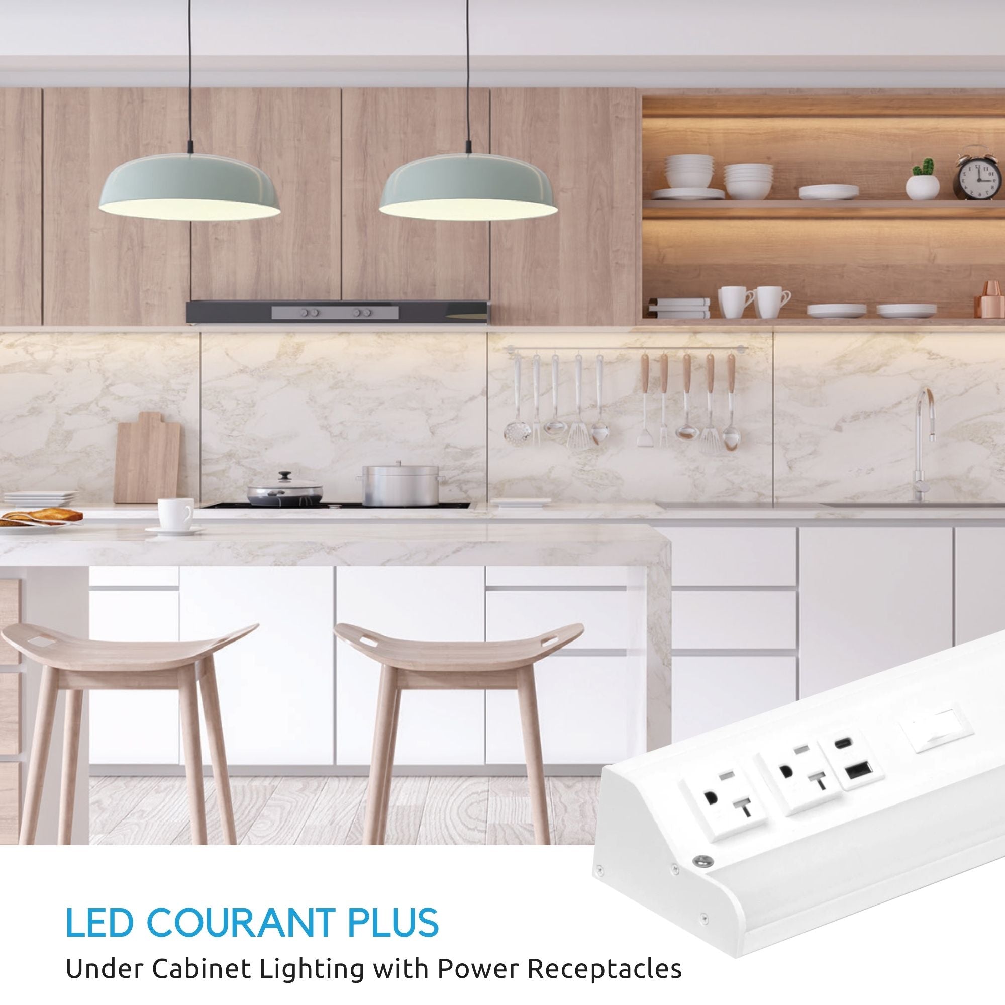 American Lighting LED Courant Plus 12in. Under Cabinet Power Strip, White, Selectable CCT, 600 Lumens, 120V, USB Ports