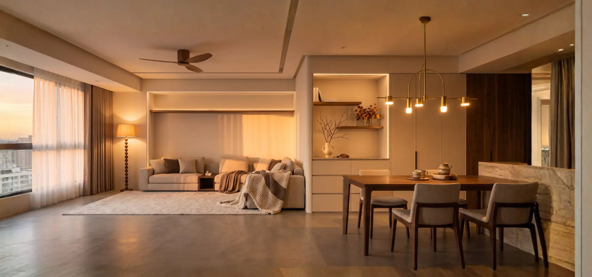 Contemporary living space demonstrating layered home lighting for fall, including a modern brass chandelier, a warm floor lamp, and integrated cove lighting over a seating area.