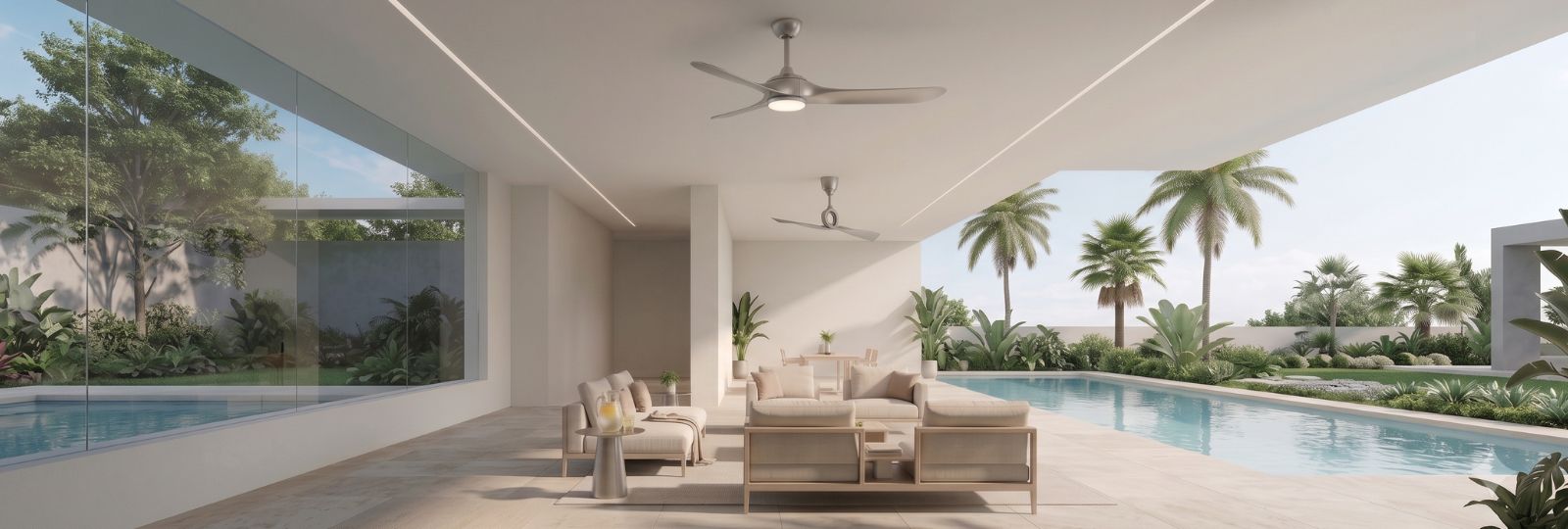 Modern outdoor patio area with a poolside view, featuring a light beige sofa set, ceiling fans, and palm trees in the background.