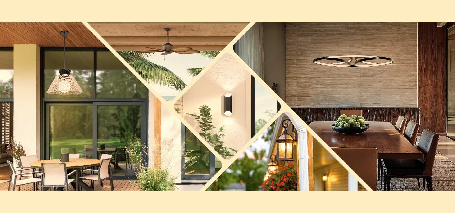 A collage-style interior design scene showing multiple modern pendant lights in a home setting, including a dining room, patio area, and hallway. The image appears stretched or distorted horizontally, with a geometric diamond overlay pattern.