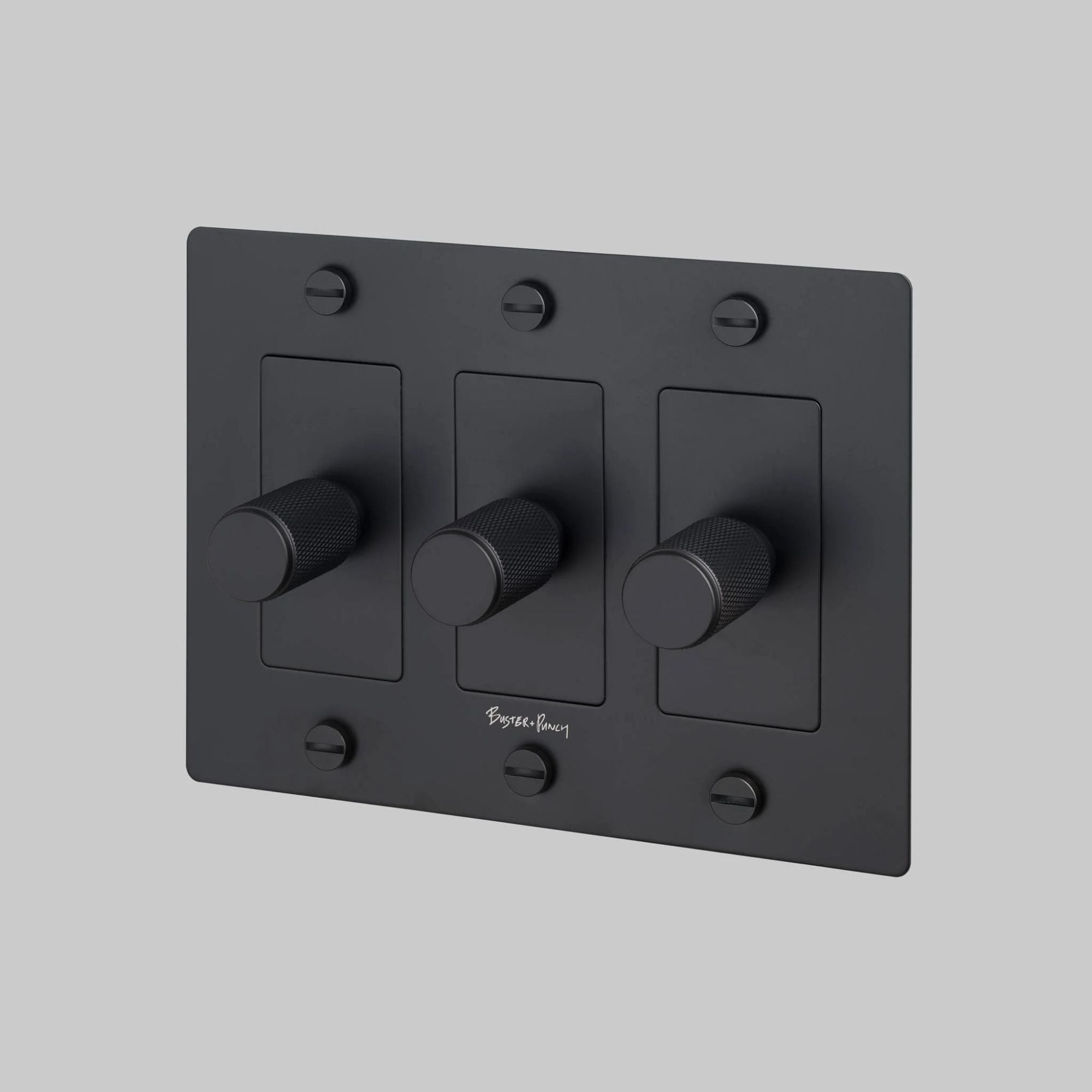 Buster + Punch NDK-024330 Cross 3-Gang LED Dimmer With Logo, 250W, Rotary, Black
