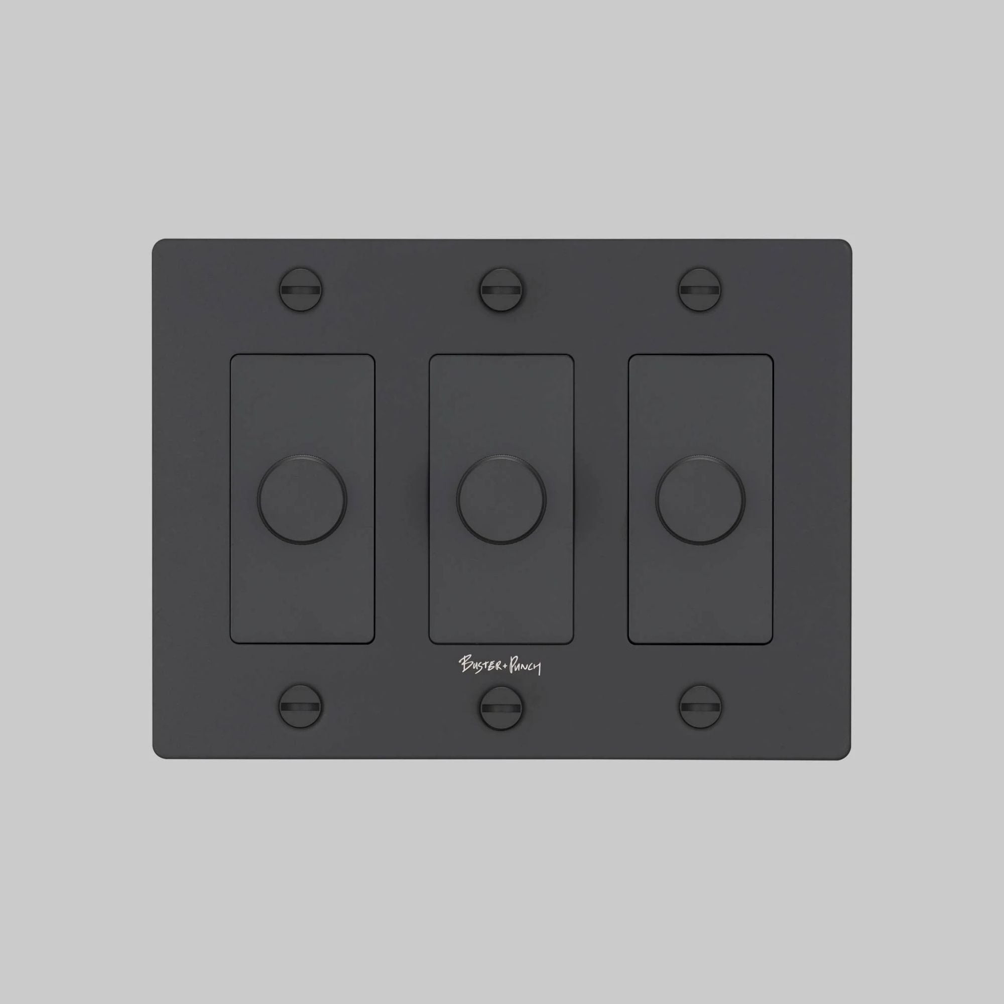 Buster + Punch NDK-024330 Cross 3-Gang LED Dimmer With Logo, 250W, Rotary, Black
