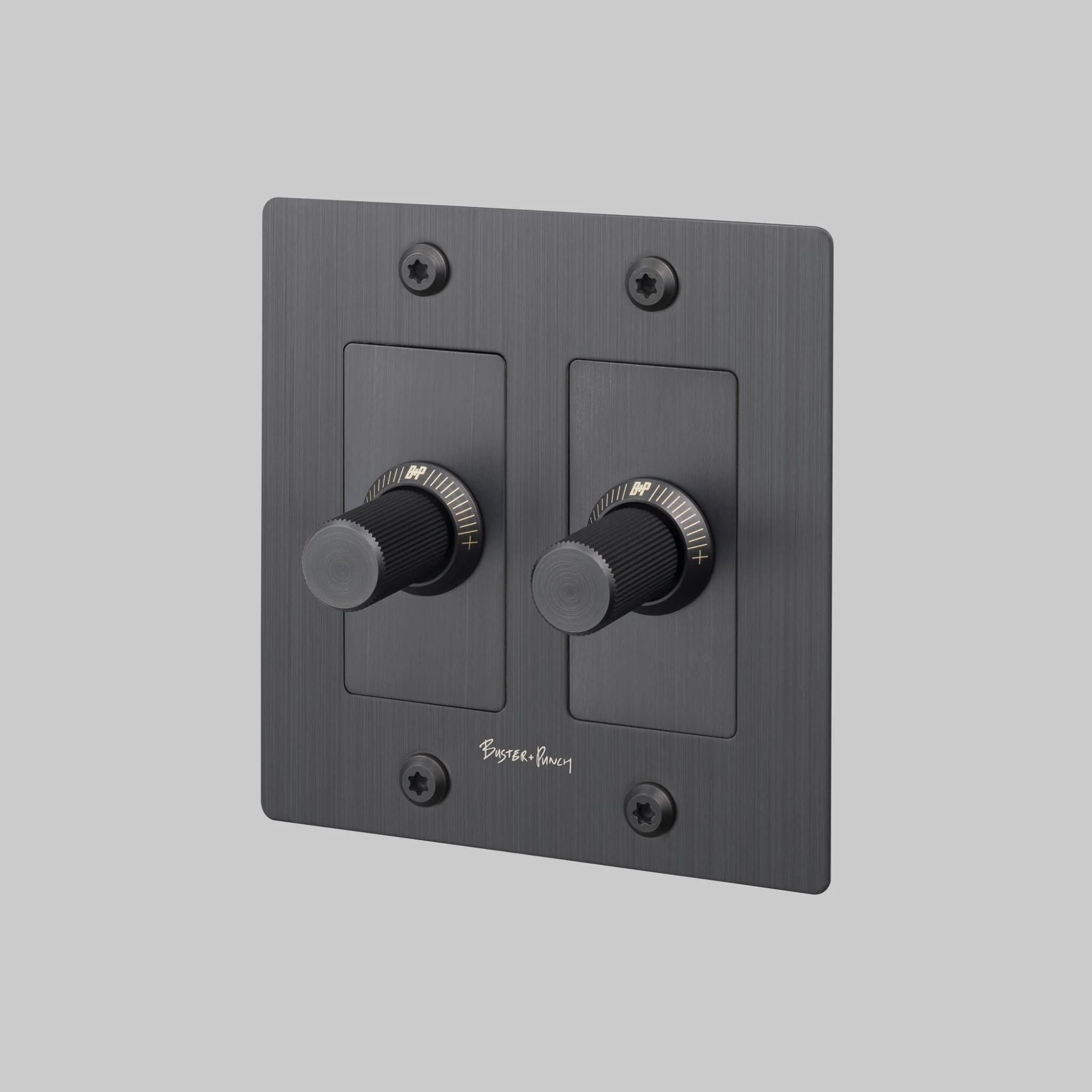 Buster + Punch NDK-094302 Linear 2-Gang LED Dimmer With Logo, 250W, Rotary, Smoked Bronze