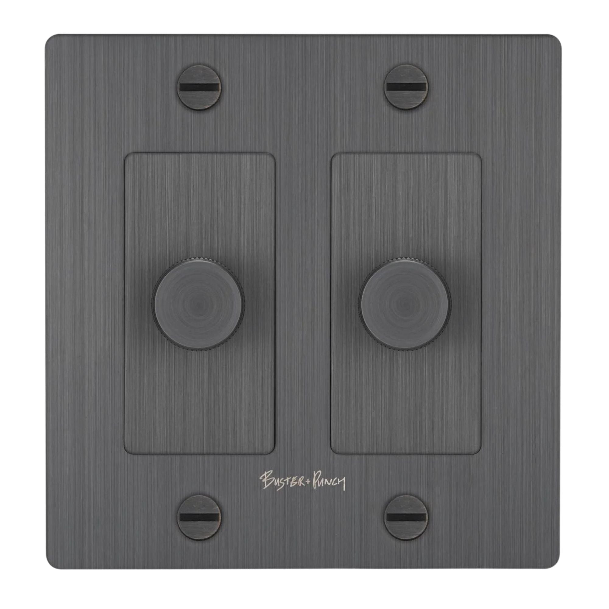 Buster + Punch NDK-094312 Cross 2-Gang LED Dimmer With Logo, 250W, Rotary, Smoked Bronze