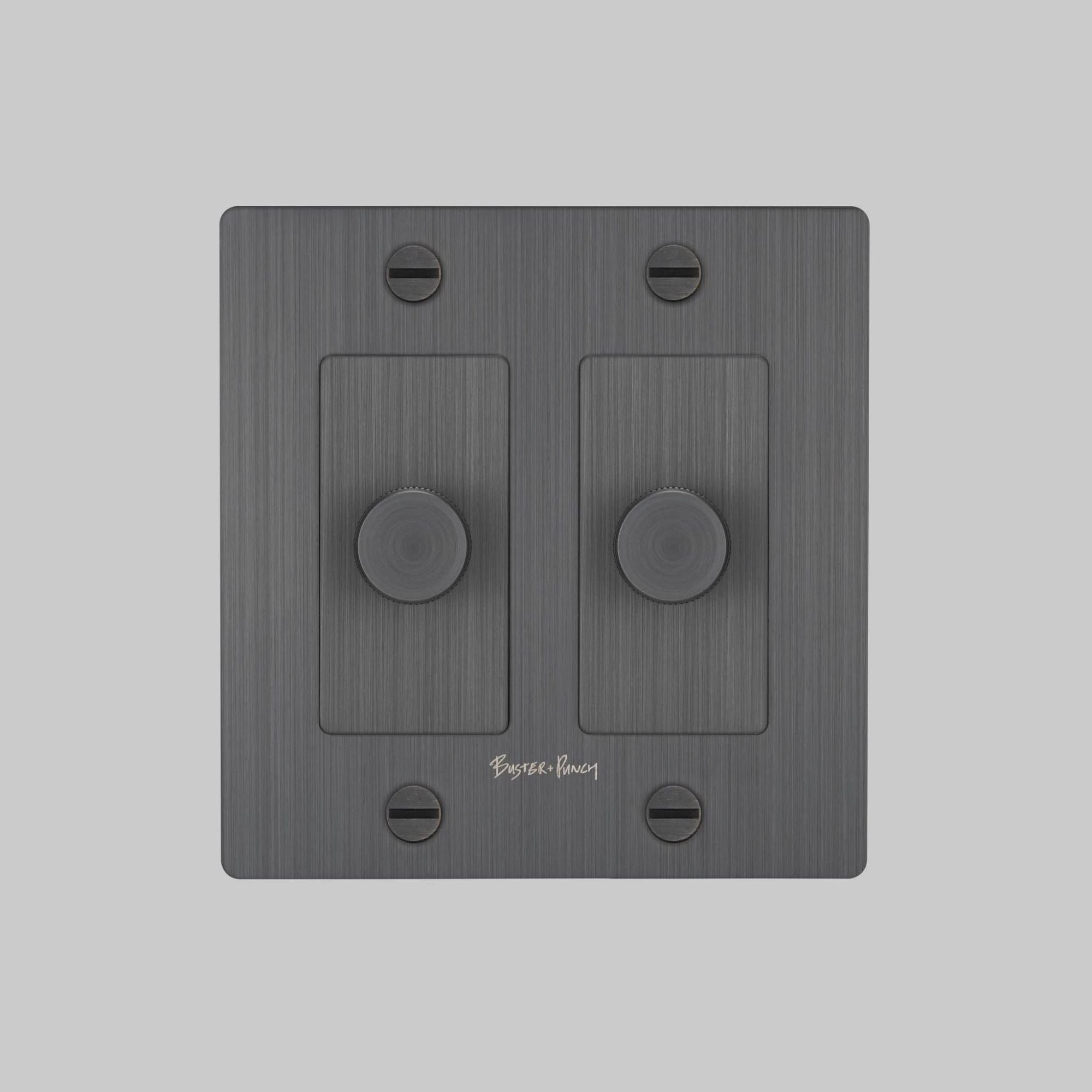 Buster + Punch NDK-094312 Cross 2-Gang LED Dimmer With Logo, 250W, Rotary, Smoked Bronze