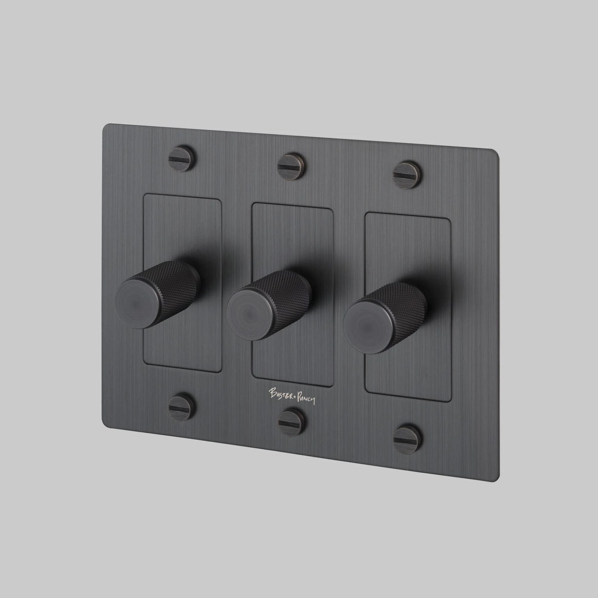 Buster + Punch NDK-094322 Linear 3-Gang LED Dimmer With Logo, 250W, Rotary, Smoked Bronze