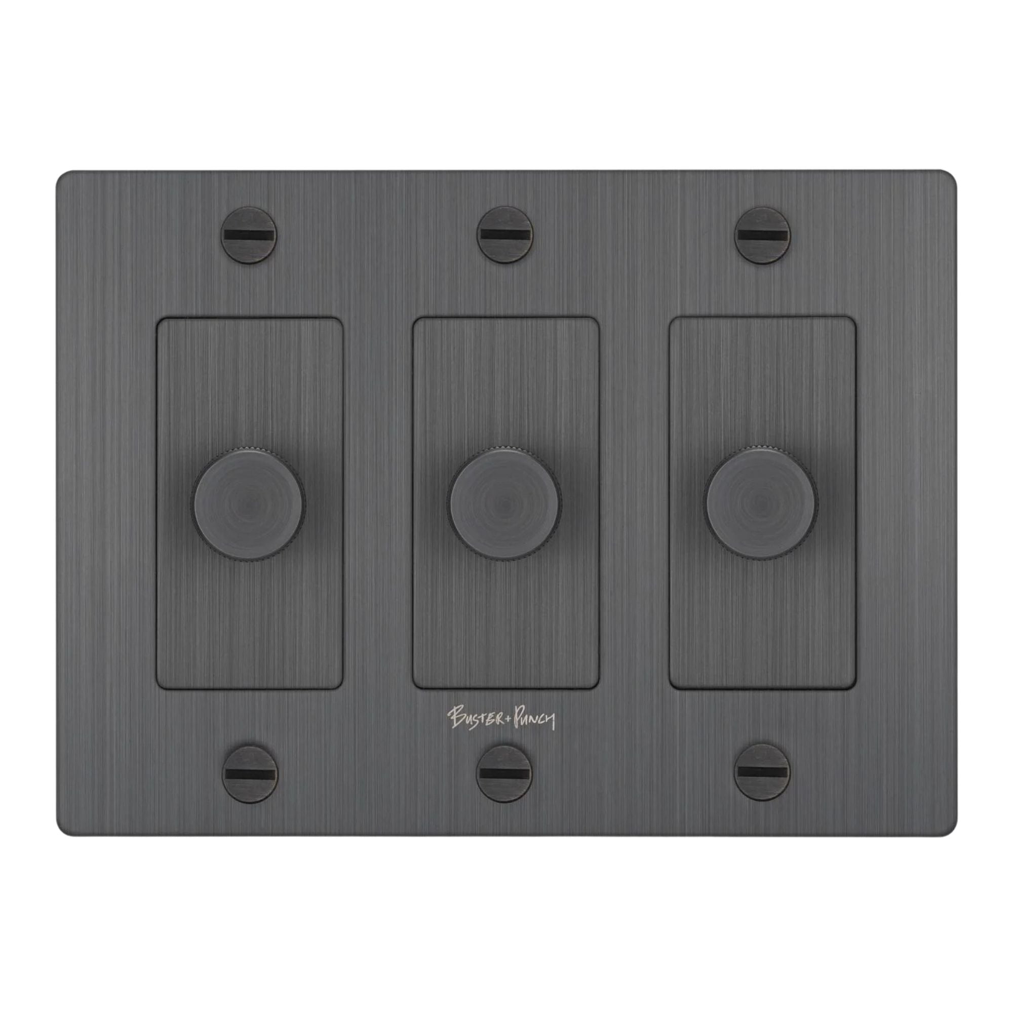 Buster + Punch NDK-094332 Cross 3-Gang LED Dimmer With Logo, 250W, Rotary, Smoked Bronze