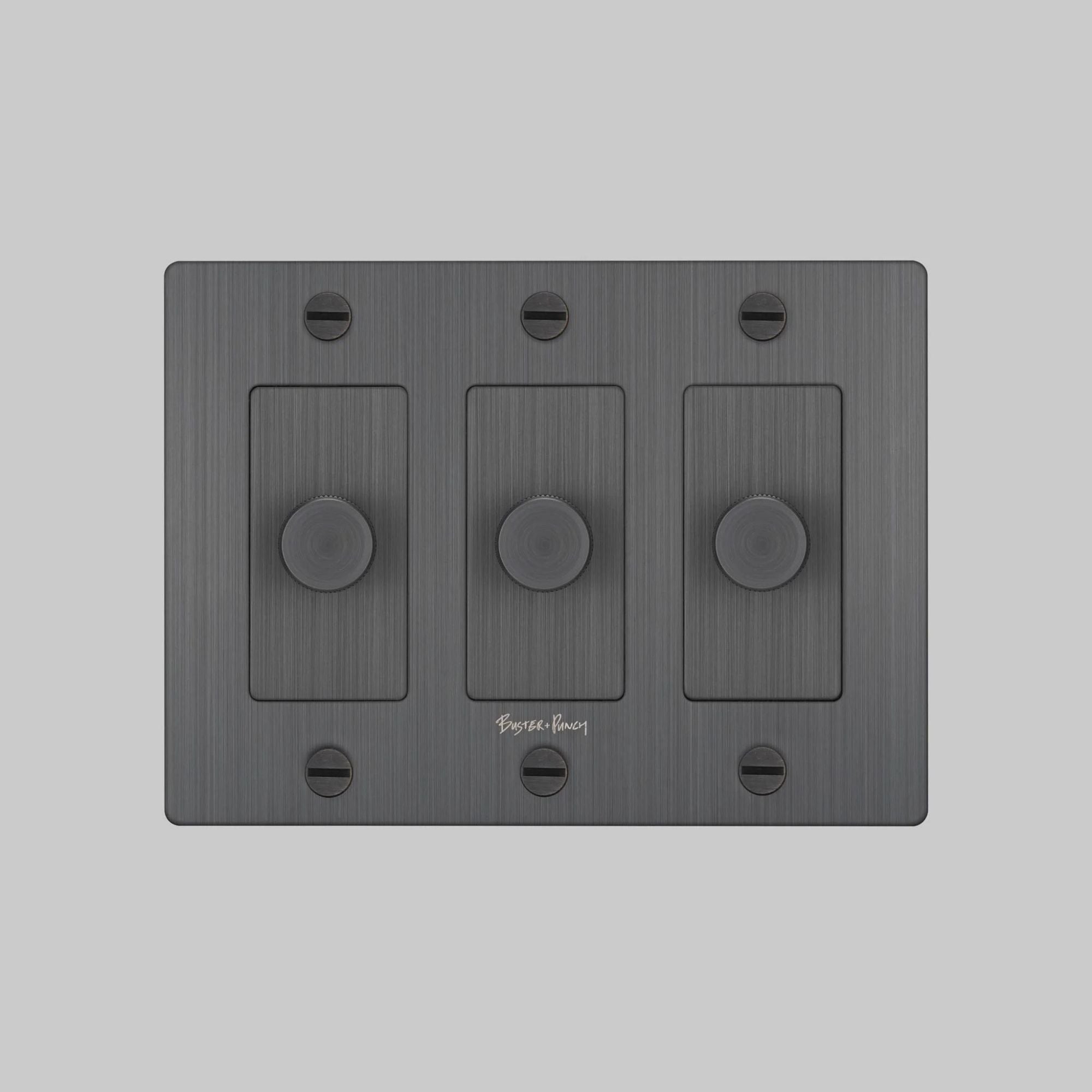 Buster + Punch NDK-094332 Cross 3-Gang LED Dimmer With Logo, 250W, Rotary, Smoked Bronze