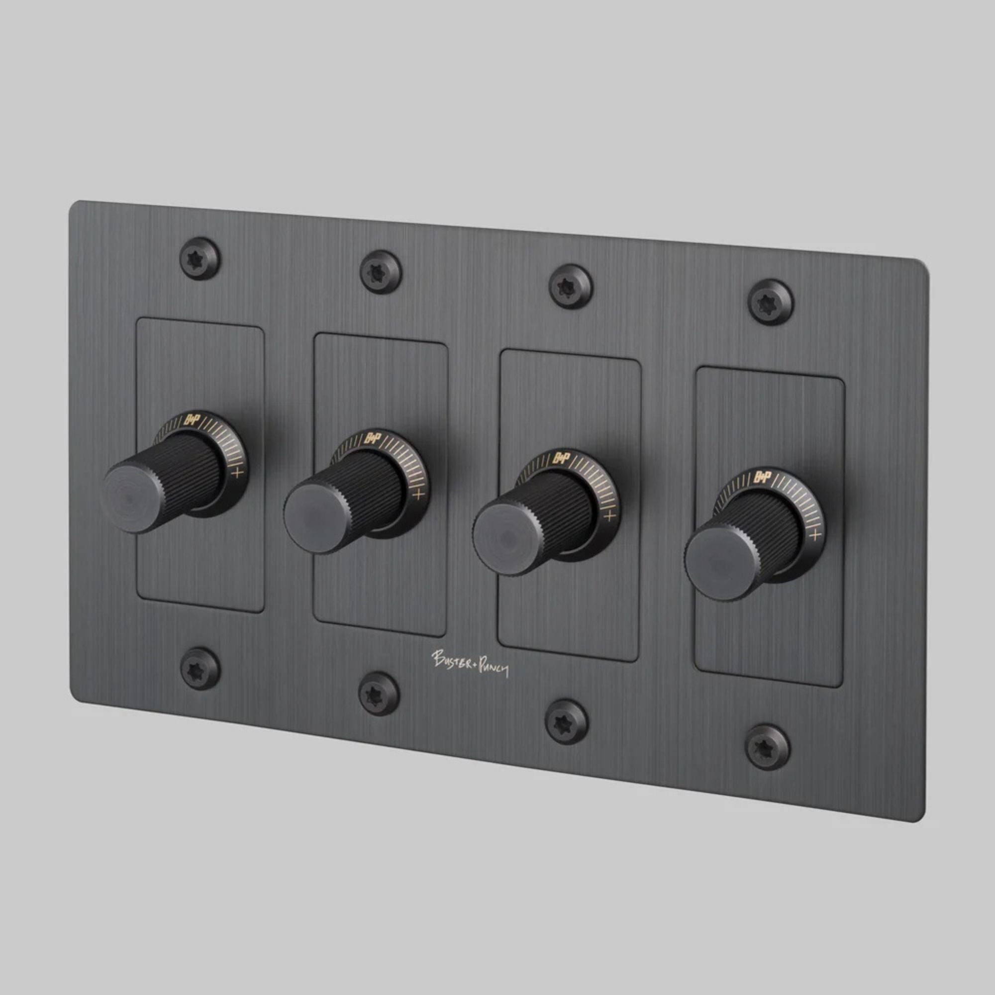 Buster + Punch NDK-094342 Linear 4-Gang LED Dimmer With Logo, Rotary, 250W, Smoked Bronze