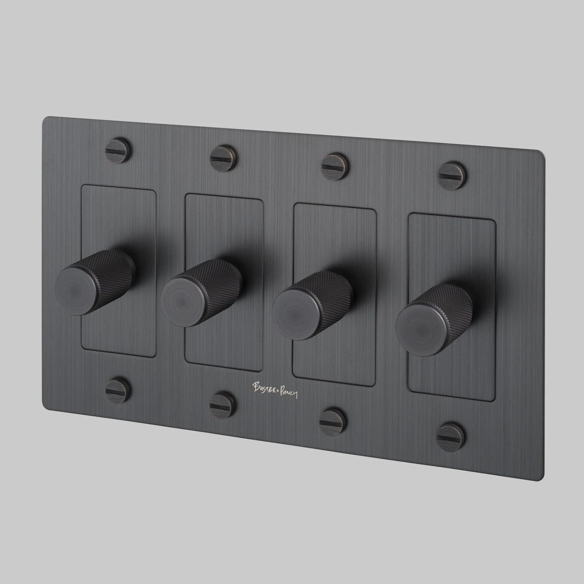 Buster + Punch NDK-094353 Cross 4-Gang LED Dimmer With Logo, 250W, Rotary, Smoked Bronze