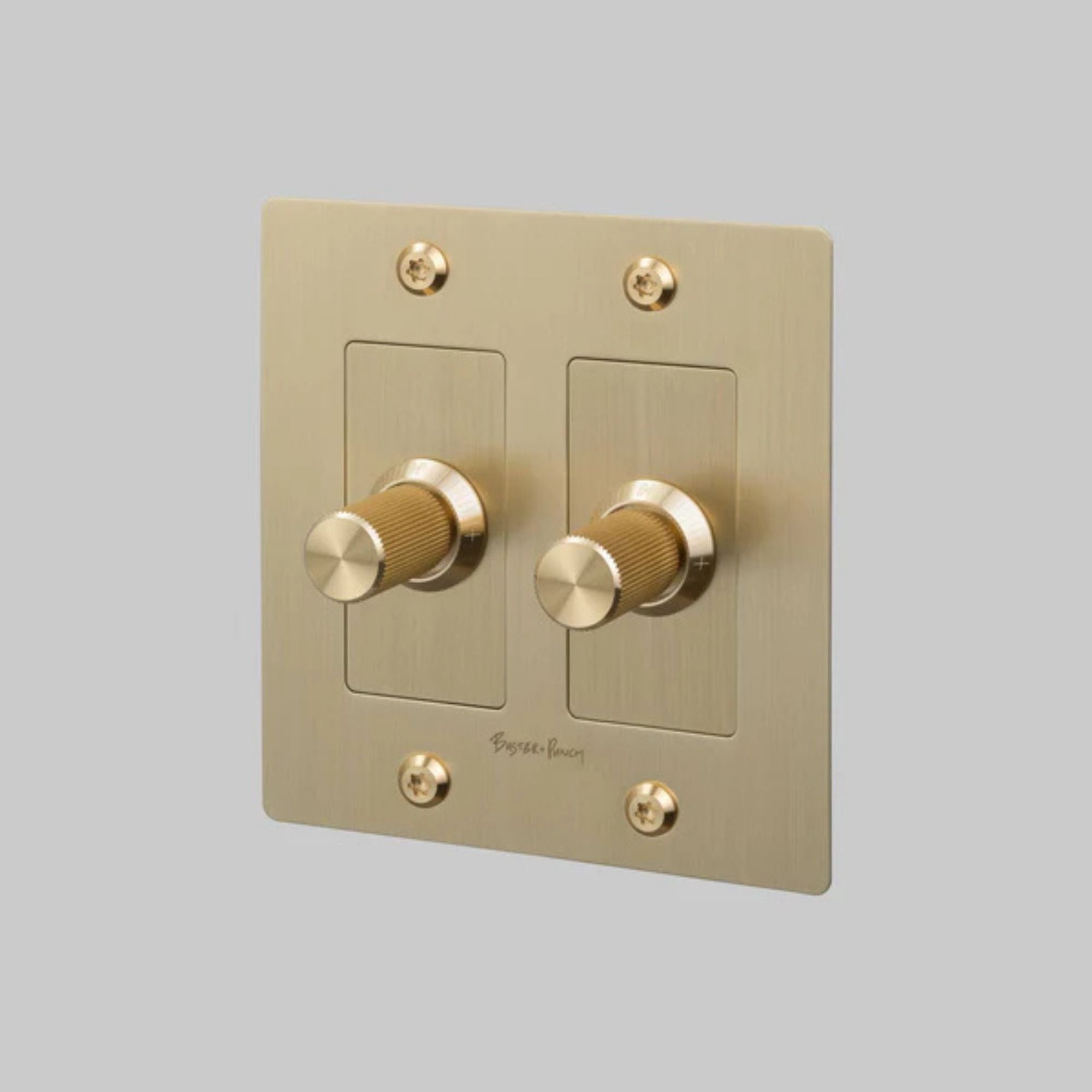 Buster + Punch NDK-424301 Linear 2-Gang LED Dimmer With Logo, 250W, Rotary, Brass