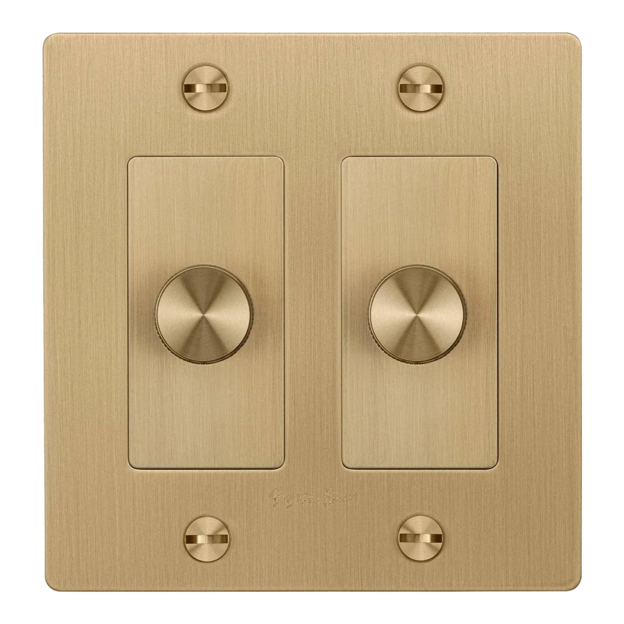 Buster + Punch NDK-424311 Cross 2-Gang LED Dimmer With Logo, 250W, Rotary, Brass