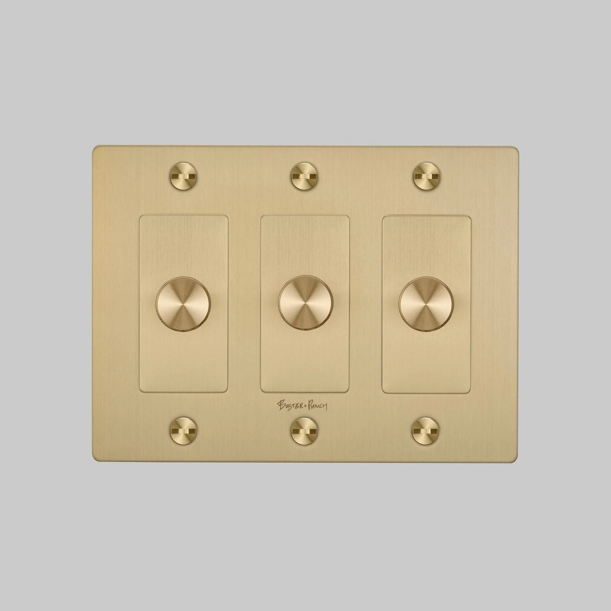 Buster + Punch NDK-424321 Linear 3-Gang LED Dimmer With Logo, 250W, Rotary, Brass