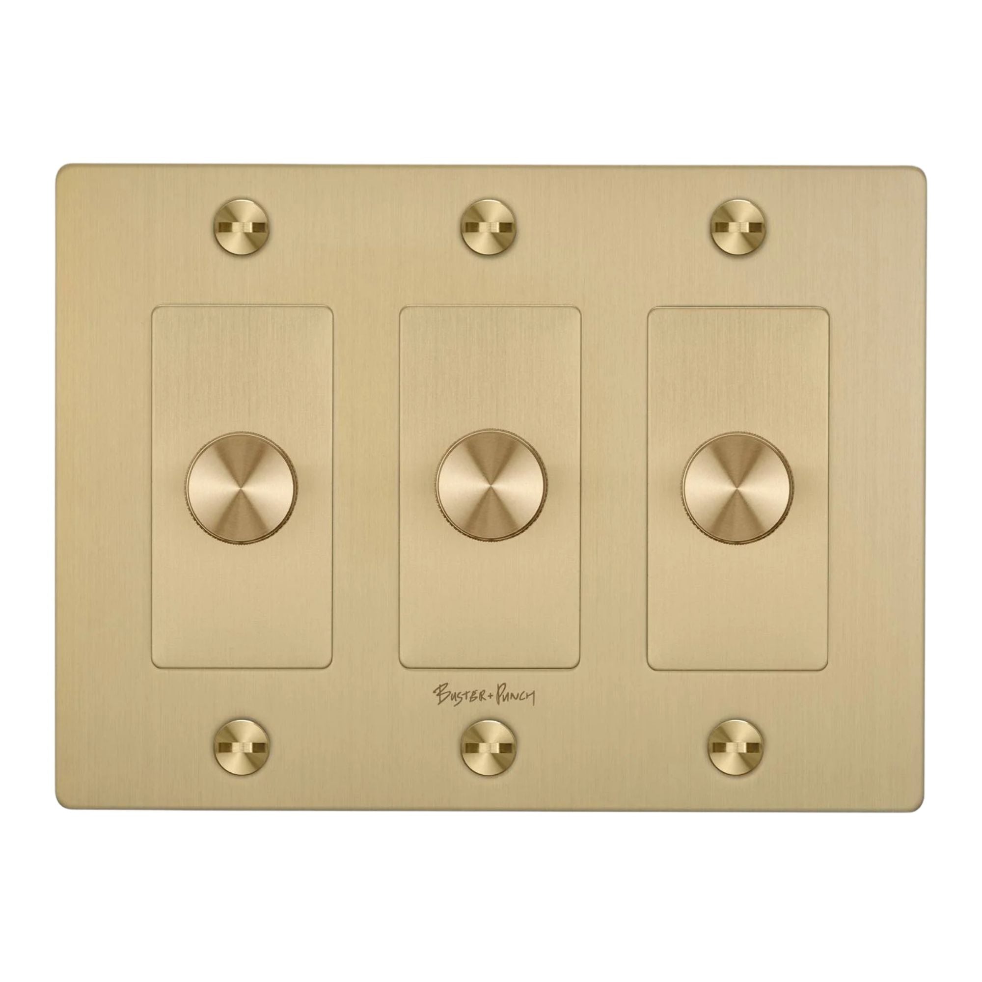 Buster + Punch NDK-424331 Cross 3-Gang LED Dimmer With Logo, 250W, Rotary, Brass