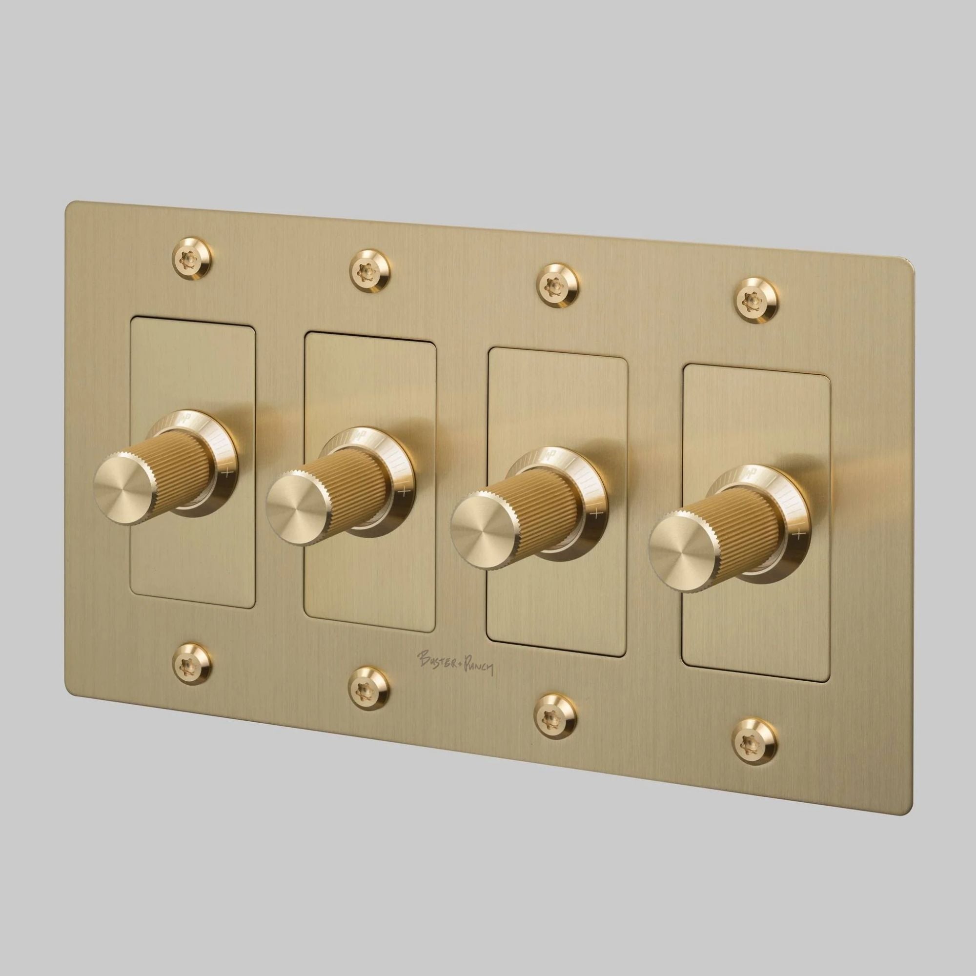 Buster + Punch NDK-424341 Linear 4-Gang LED Dimmer With Logo, 250W, Rotary, Brass