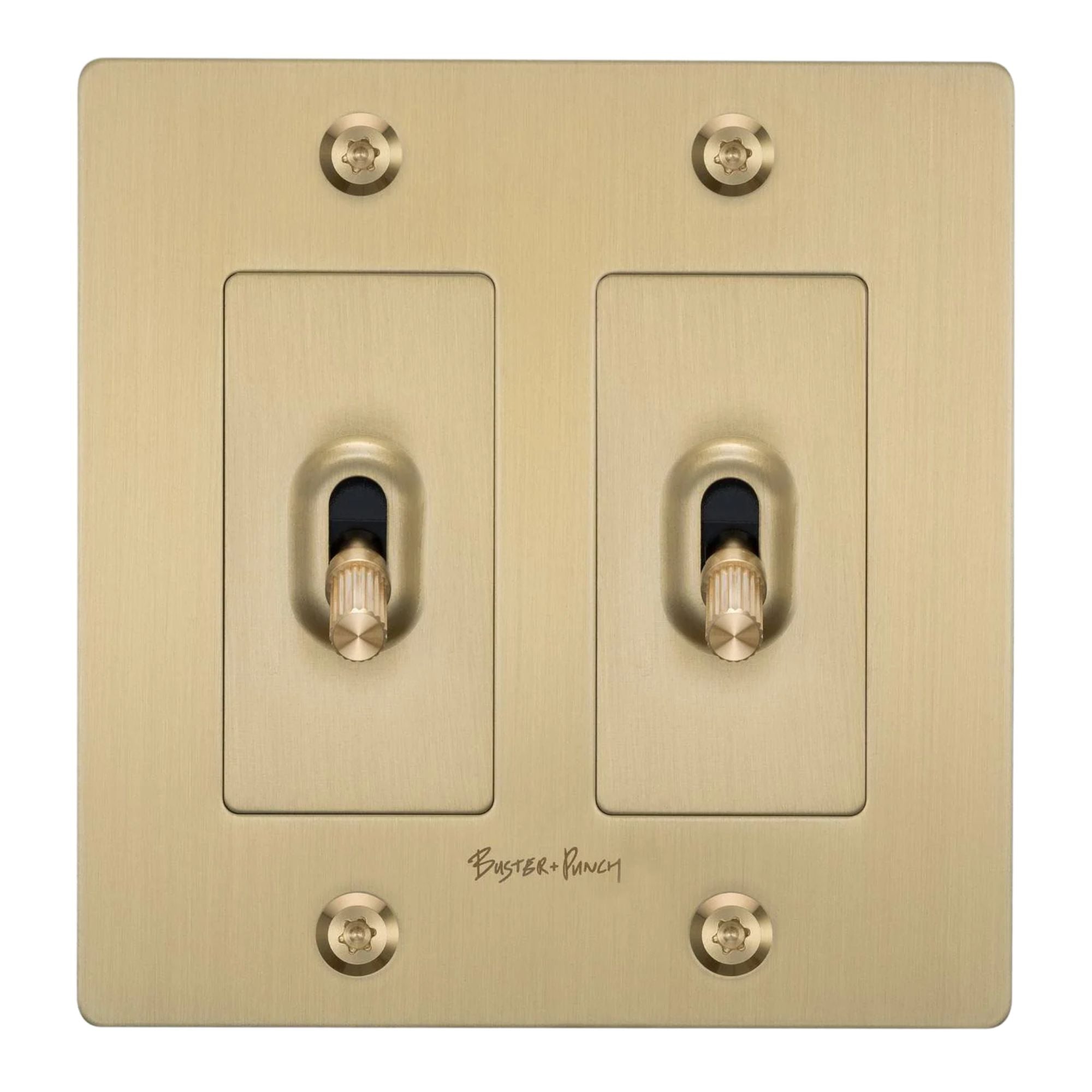 Buster + Punch NTG-054042 Linear 2-Gang Toggle Switch With Logo, 15A, Single Pole/3-Way, Brass