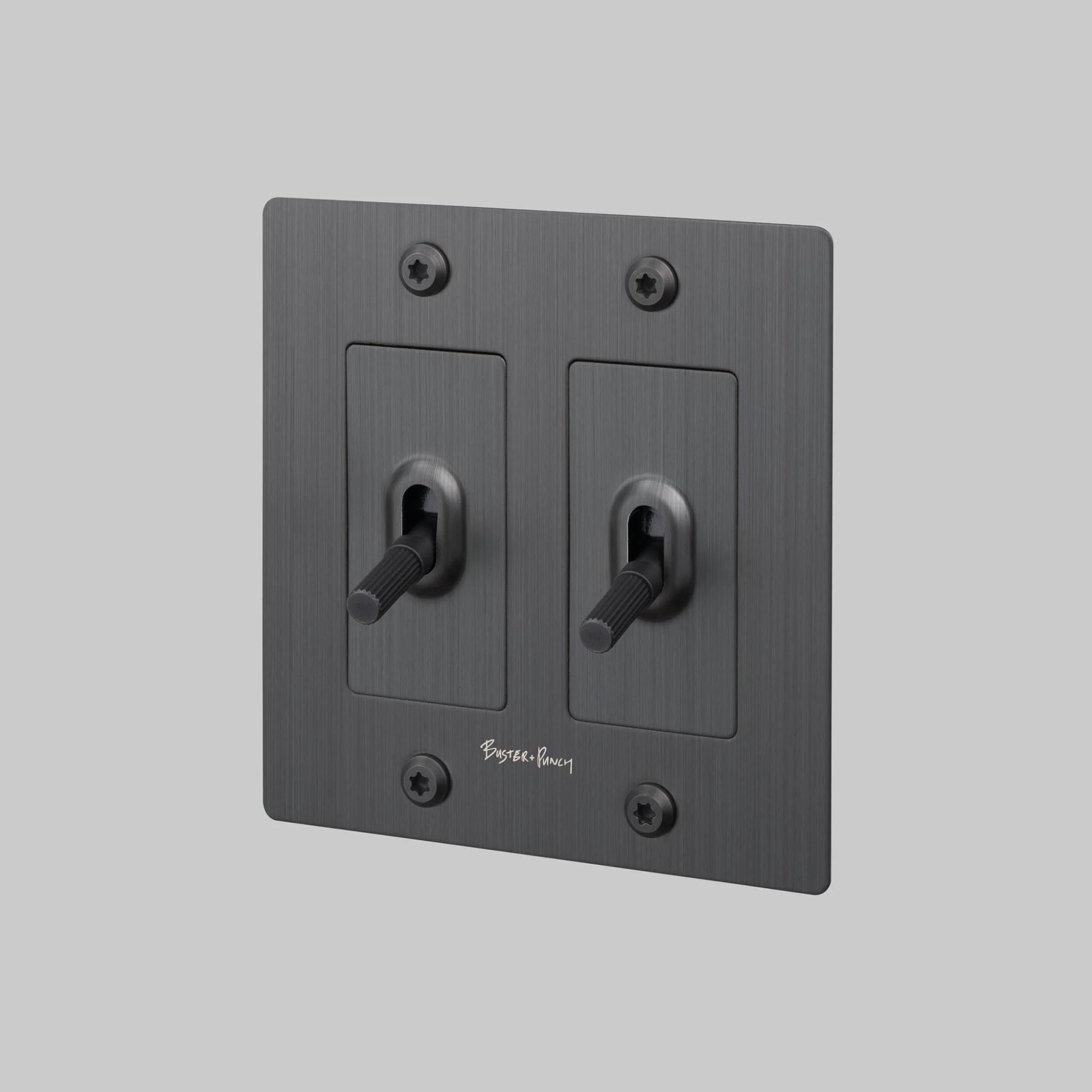 Buster + Punch NTG-454043 Linear 2-Gang Toggle Switch With Logo, 15A, Single Pole/3-Way, Smoked Bronze