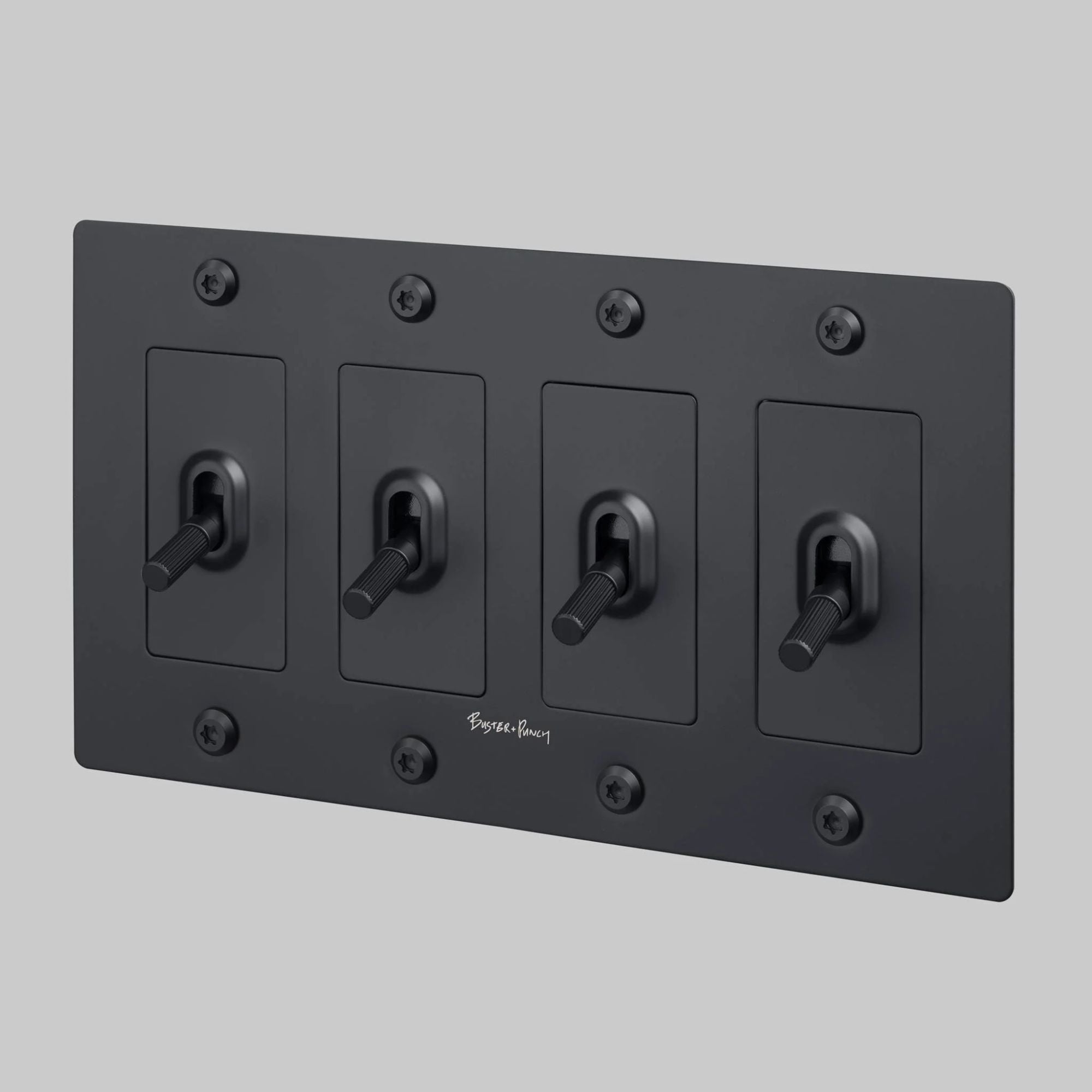 Buster + Punch NTK-024411 Linear 4-Gang Toggle Switch With Logo, 15A, Single Pole/3-Way, Black