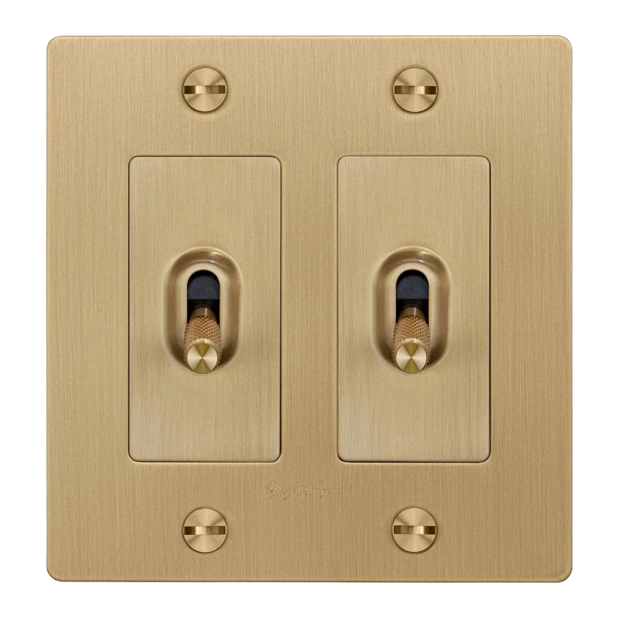 Buster + Punch NTK-053429 Cross 2-Gang Toggle Switch With Logo, 15A, Single Pole/3-Way, Brass