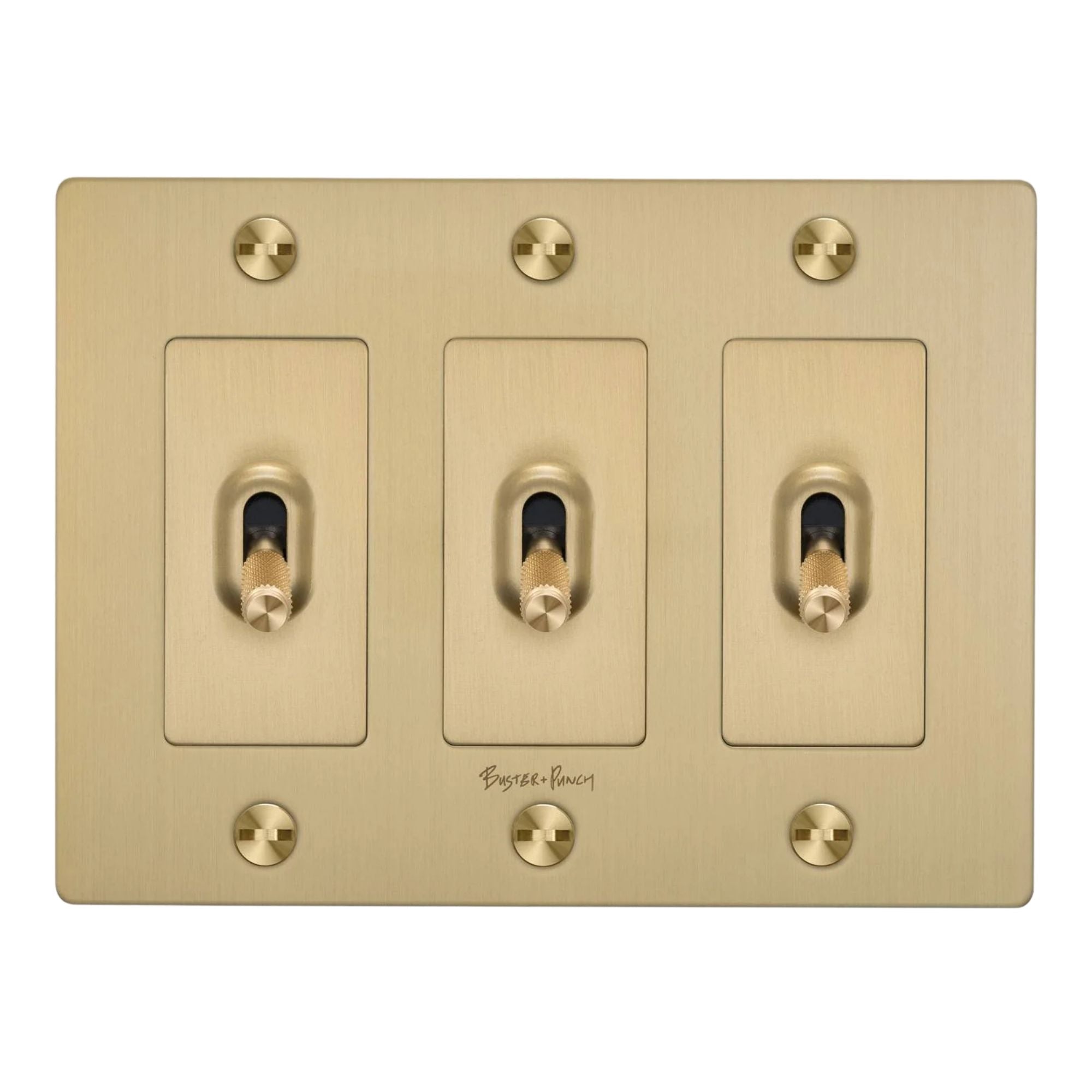 Buster + Punch NTK-054382 Cross 3-Gang Toggle Switch With Logo, 15A, Single Pole/3-Way, Brass