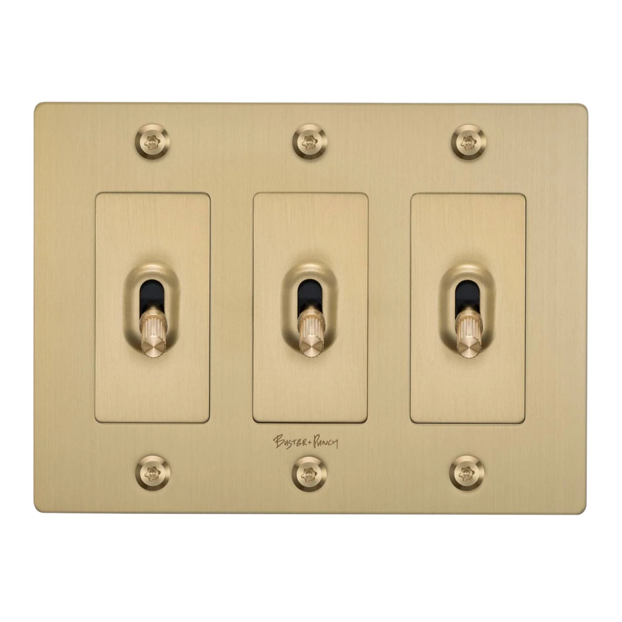 Buster + Punch NTK-054392 Linear 3-Gang Toggle Switch With Logo, 15A, Single Pole/3-Way, Brass
