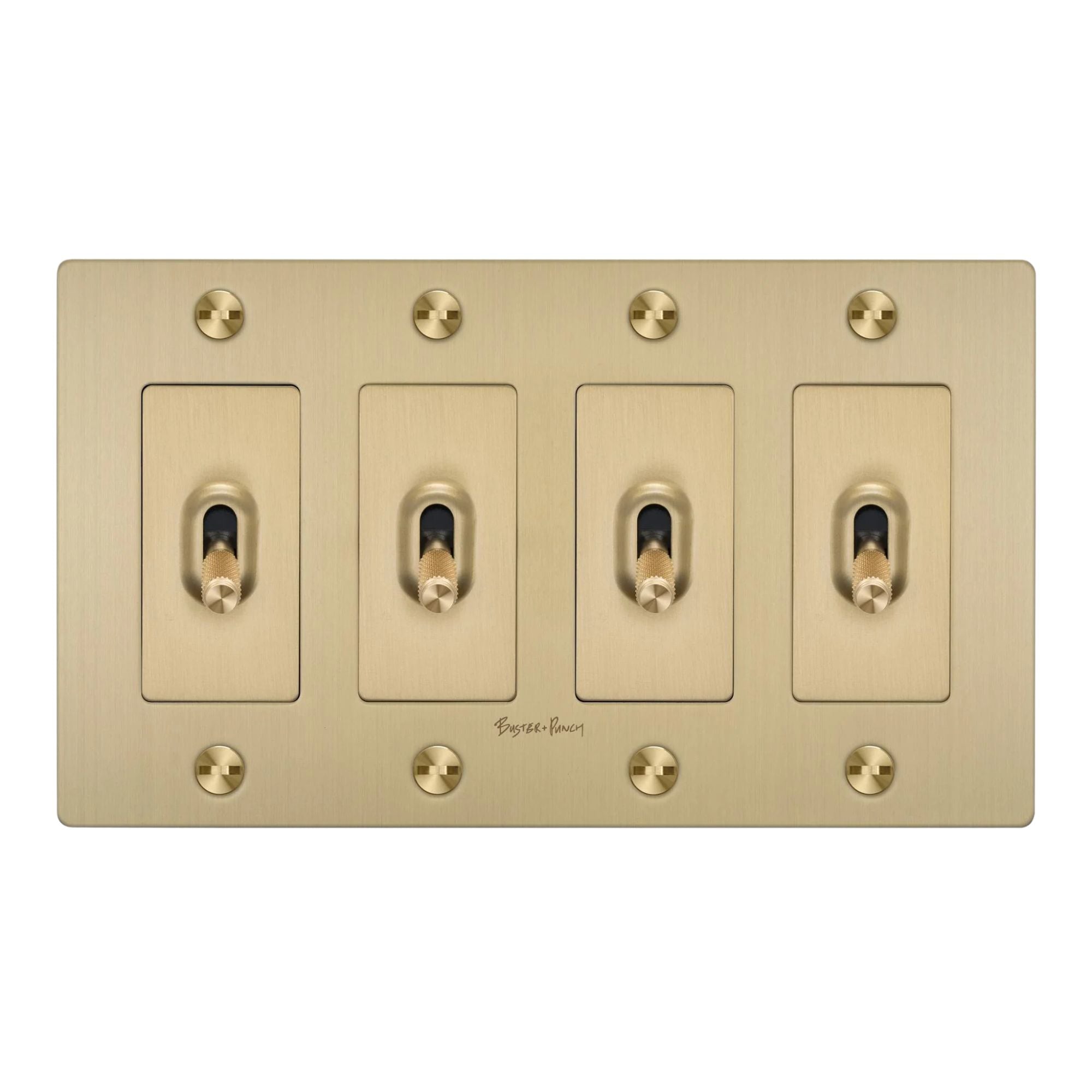 Buster + Punch NTK-054402 Cross 4-Gang Toggle Switch With Logo, 15A, Single Pole/3-Way, Brass