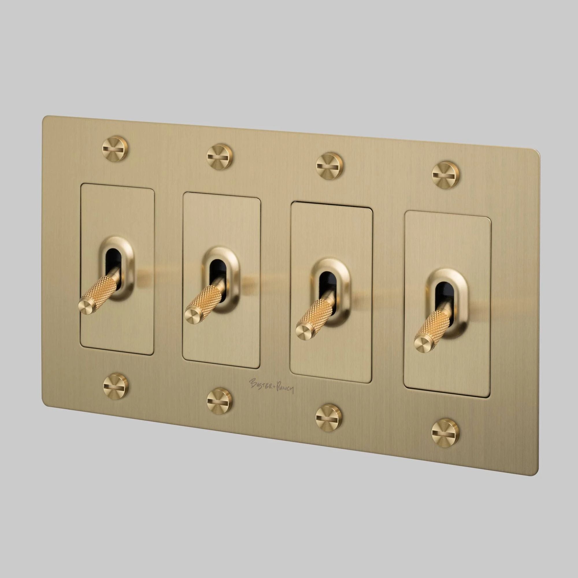 Buster + Punch NTK-054402 Cross 4-Gang Toggle Switch With Logo, 15A, Single Pole/3-Way, Brass