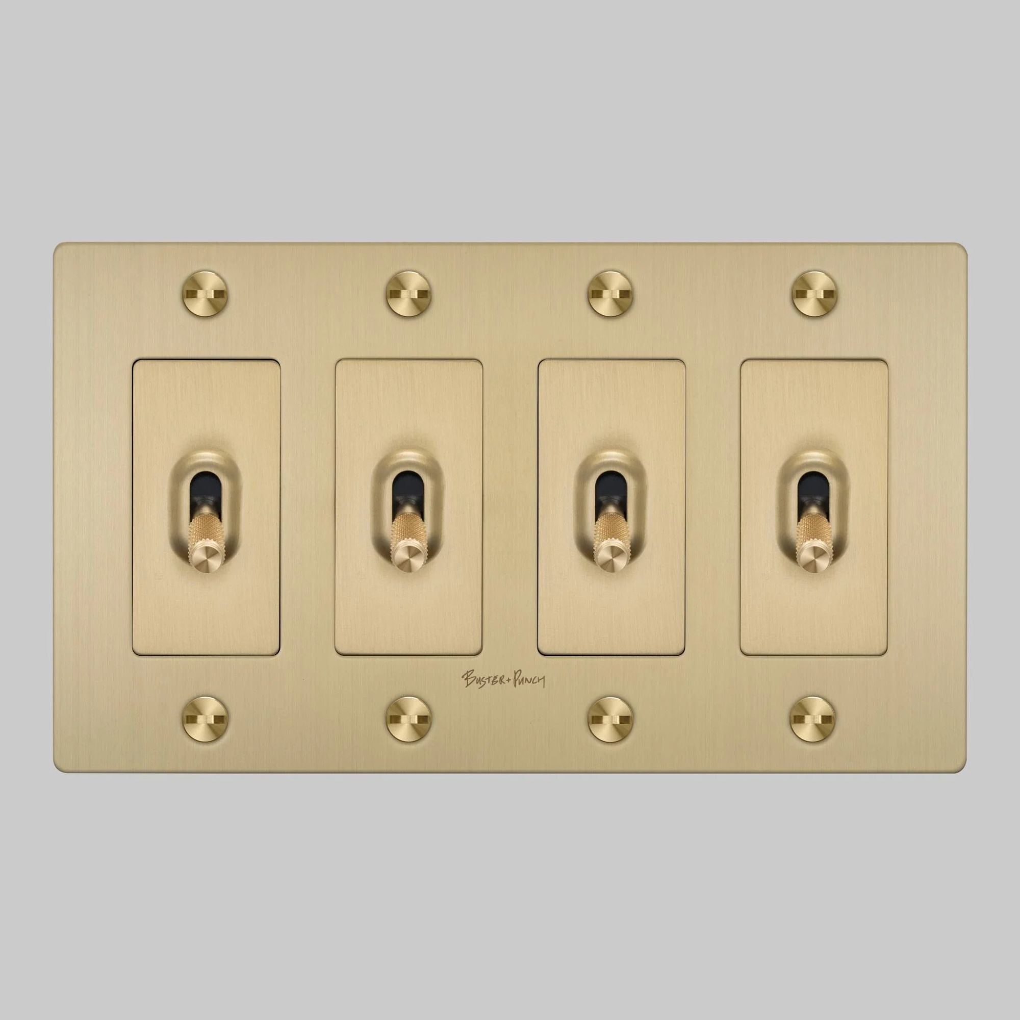 Buster + Punch NTK-054402 Cross 4-Gang Toggle Switch With Logo, 15A, Single Pole/3-Way, Brass