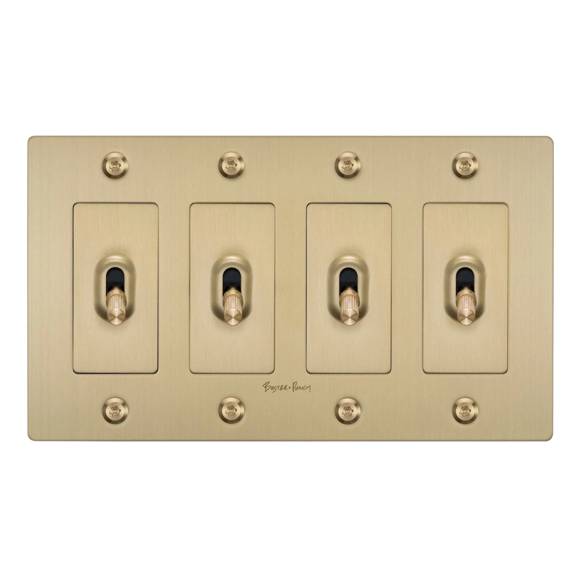 Buster + Punch NTK-054412 Linear 4-Gang Toggle Switch With Logo, 15A, Single Pole/3-Way, Brass