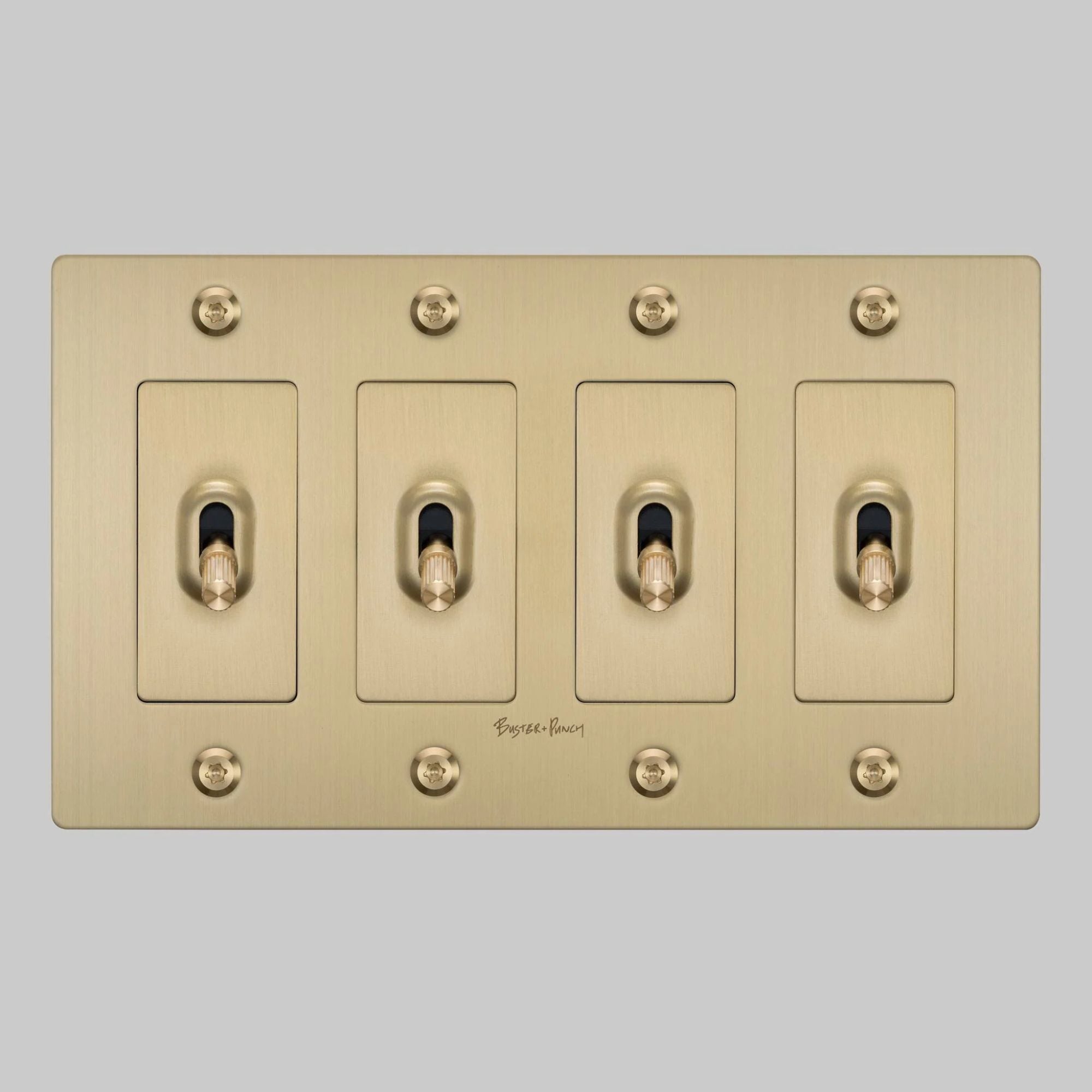 Buster + Punch NTK-054412 Linear 4-Gang Toggle Switch With Logo, 15A, Single Pole/3-Way, Brass