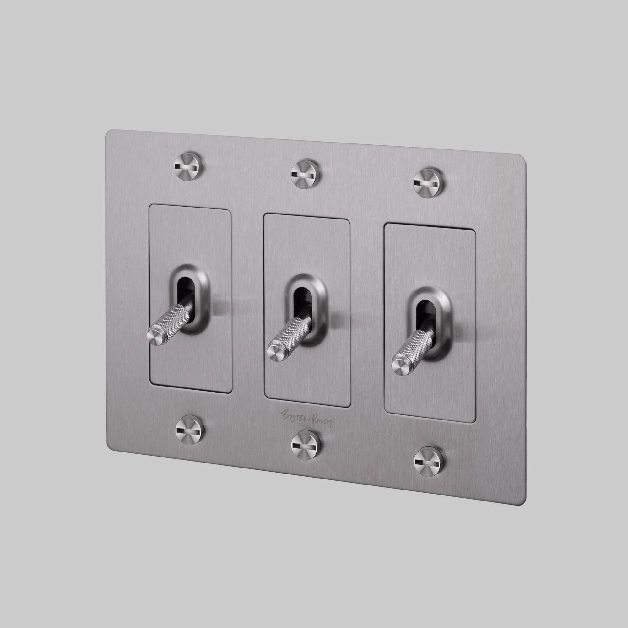 Buster + Punch NTK-074384 Cross 3-Gang Toggle Switch With Logo, 15A, Single Pole/3-Way, Steel