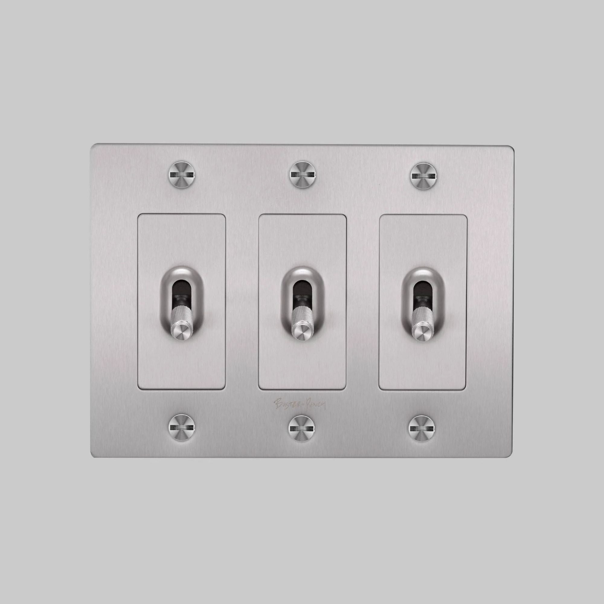 Buster + Punch NTK-074384 Cross 3-Gang Toggle Switch With Logo, 15A, Single Pole/3-Way, Steel