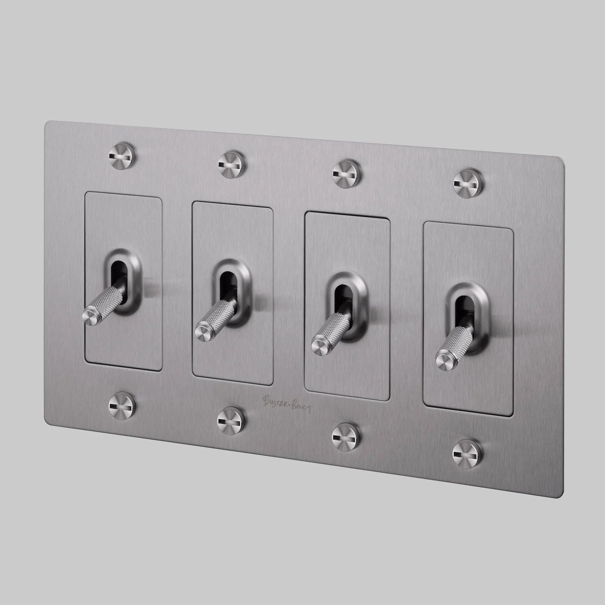 Buster + Punch NTK-074404 Cross 4-Gang Toggle Switch With Logo, 15A, Single Pole/3-Way, Steel
