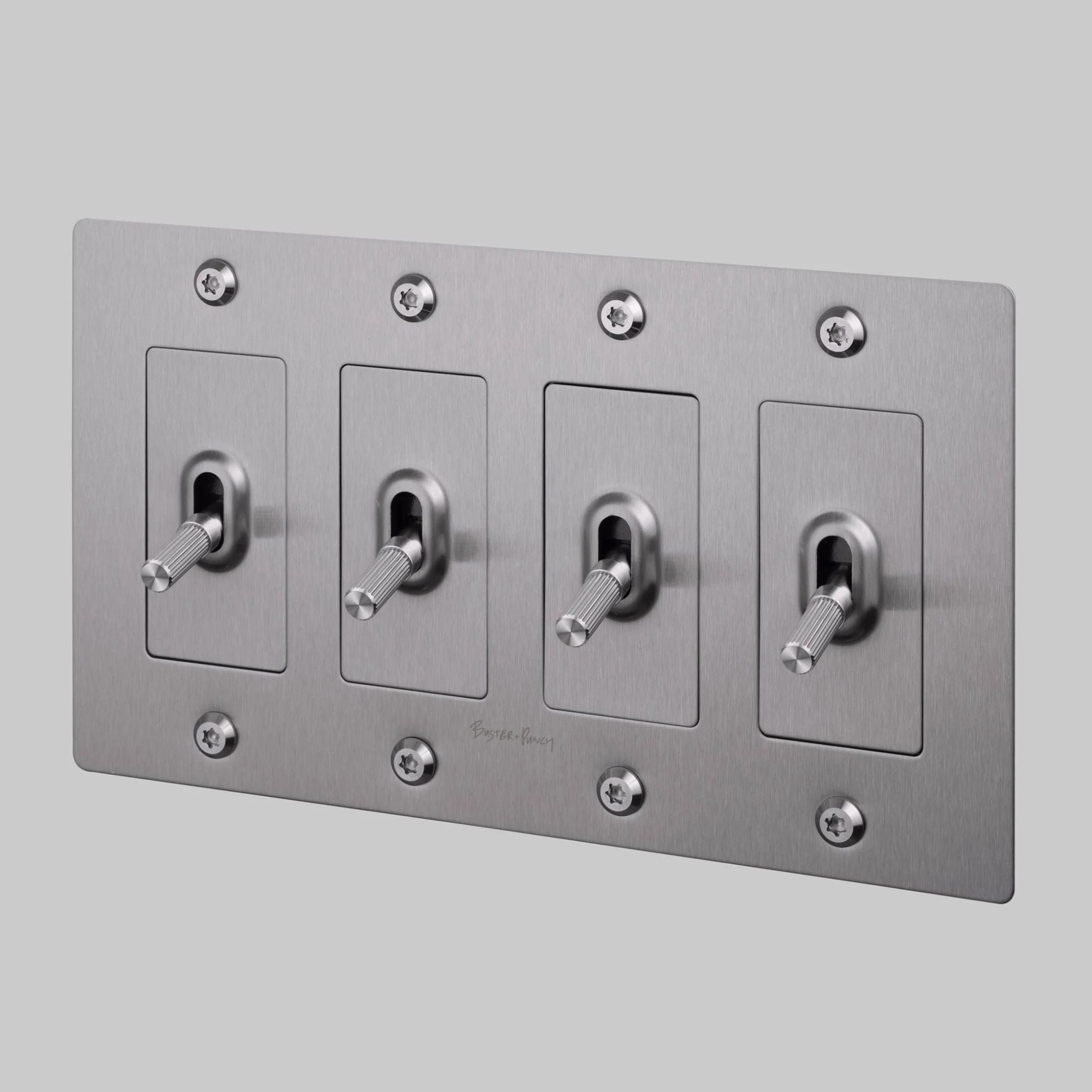 Buster + Punch NTK-074414 Linear 4-Gang Toggle Switch With Logo, 15A, Single-Pole/3-Way, Steel