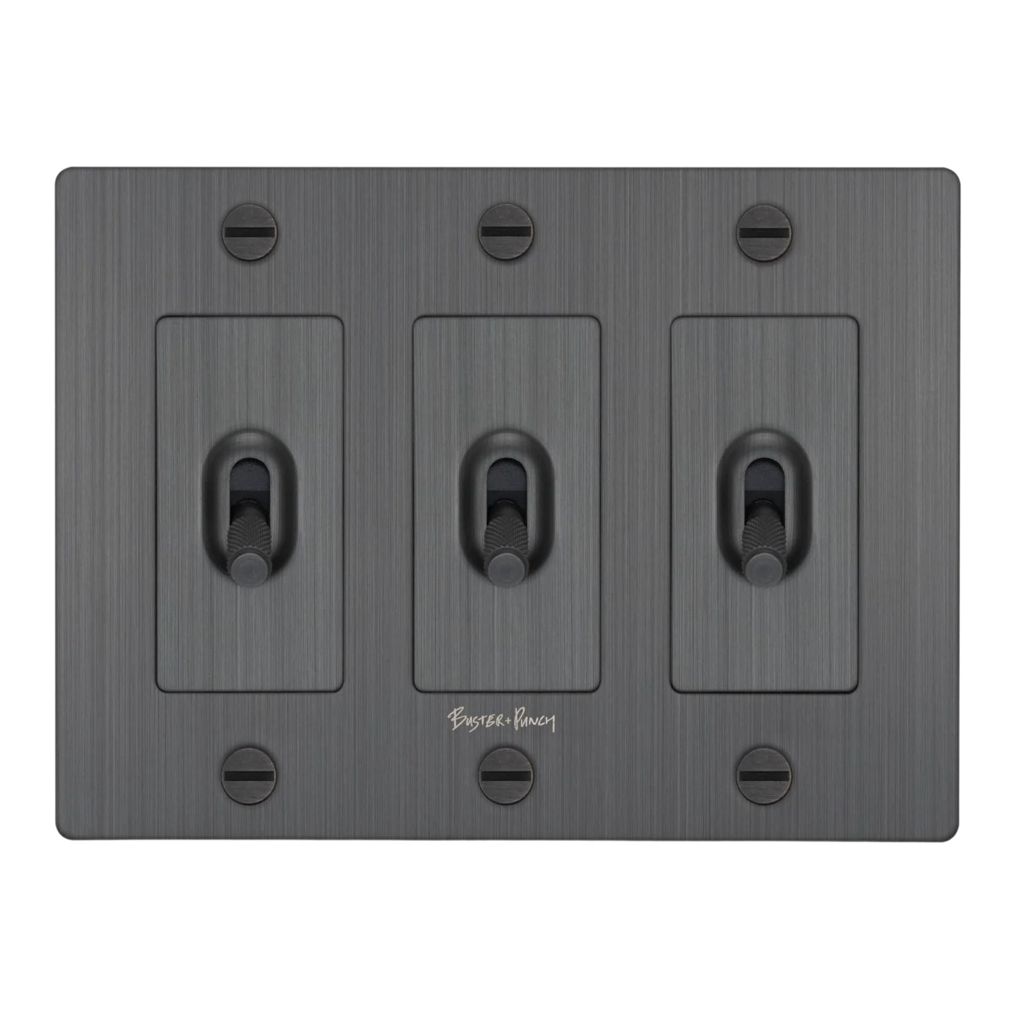 Buster + Punch NTK-094383 Cross 3-Gang Toggle Switch With Logo, 15A, Single Pole/3-Way, Smoked Bronze