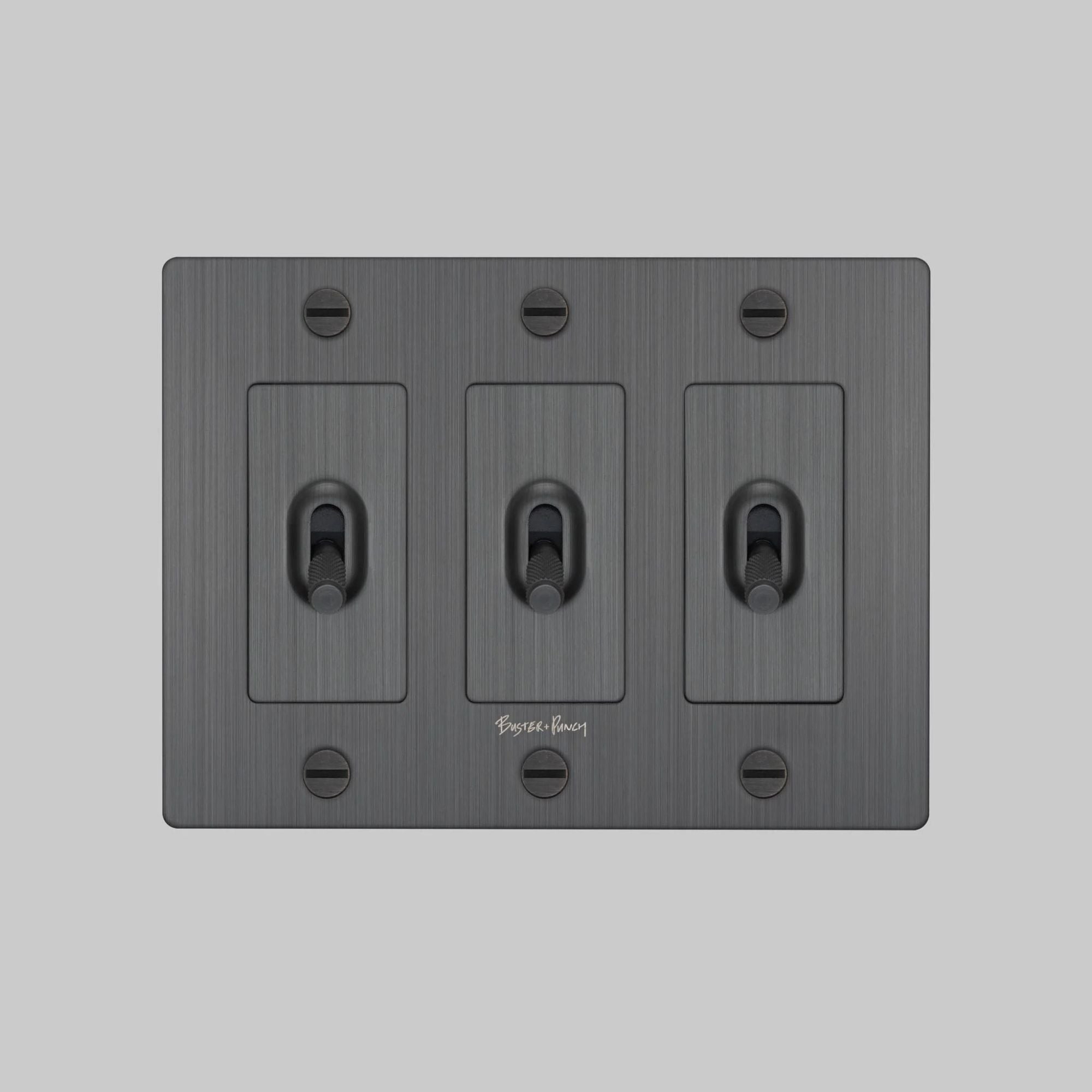 Buster + Punch NTK-094383 Cross 3-Gang Toggle Switch With Logo, 15A, Single Pole/3-Way, Smoked Bronze