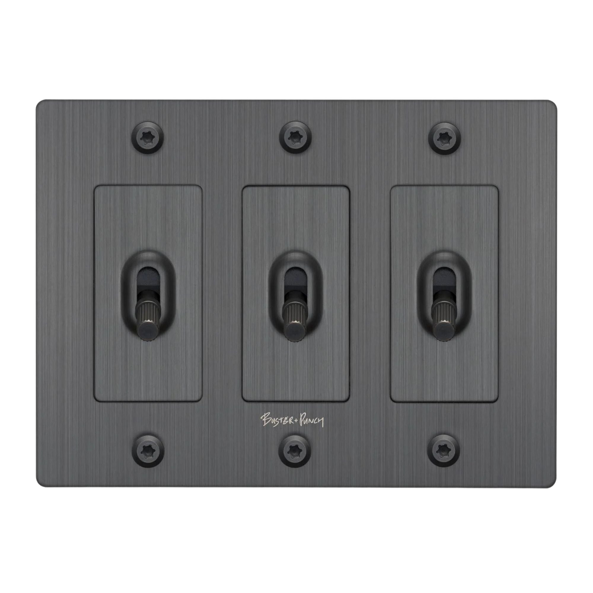 Buster + Punch NTK-094393 Linear 3-Gang Toggle Switch With Logo, 15A, Single Pole/3-Way, Smoked Bronze