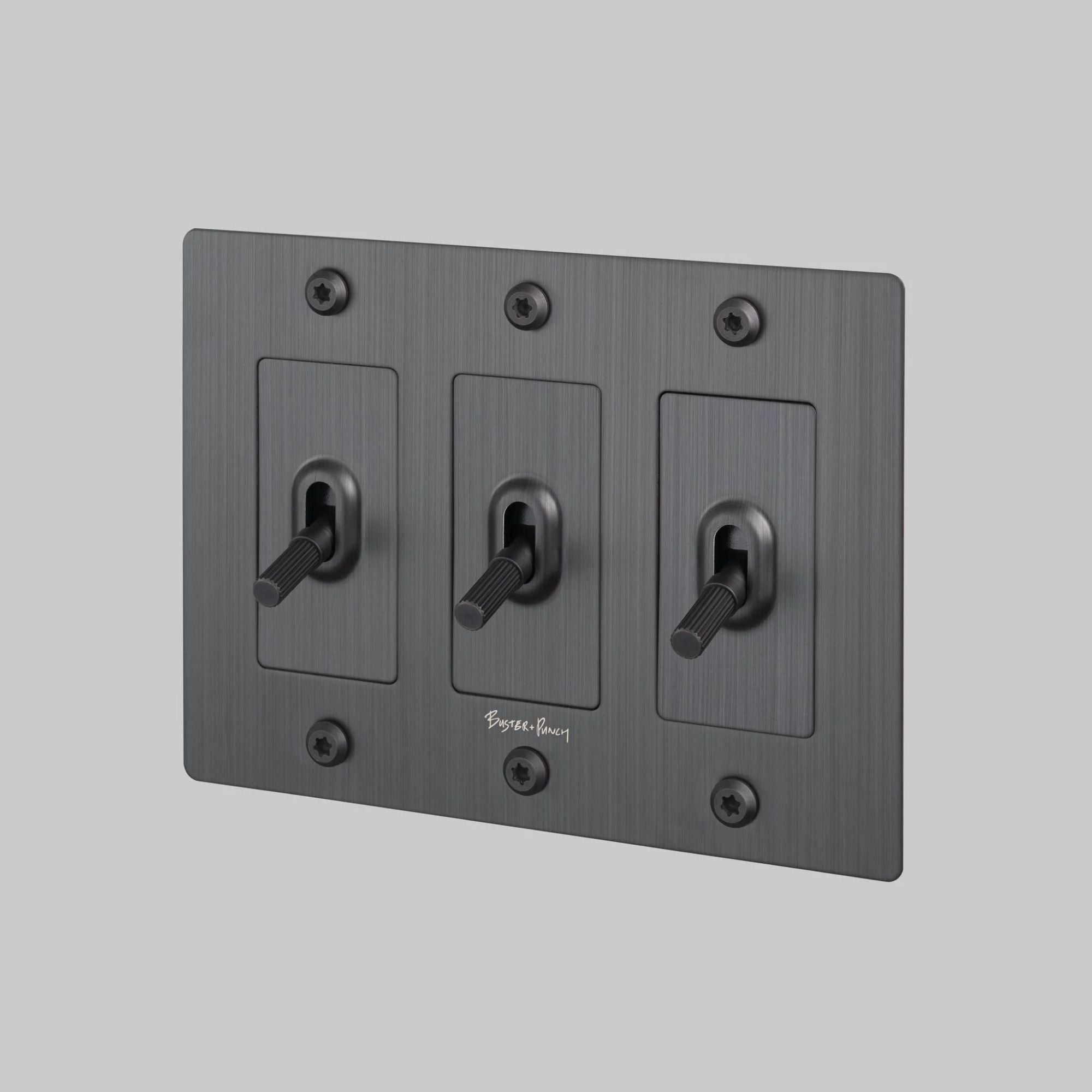 Buster + Punch NTK-094393 Linear 3-Gang Toggle Switch With Logo, 15A, Single Pole/3-Way, Smoked Bronze