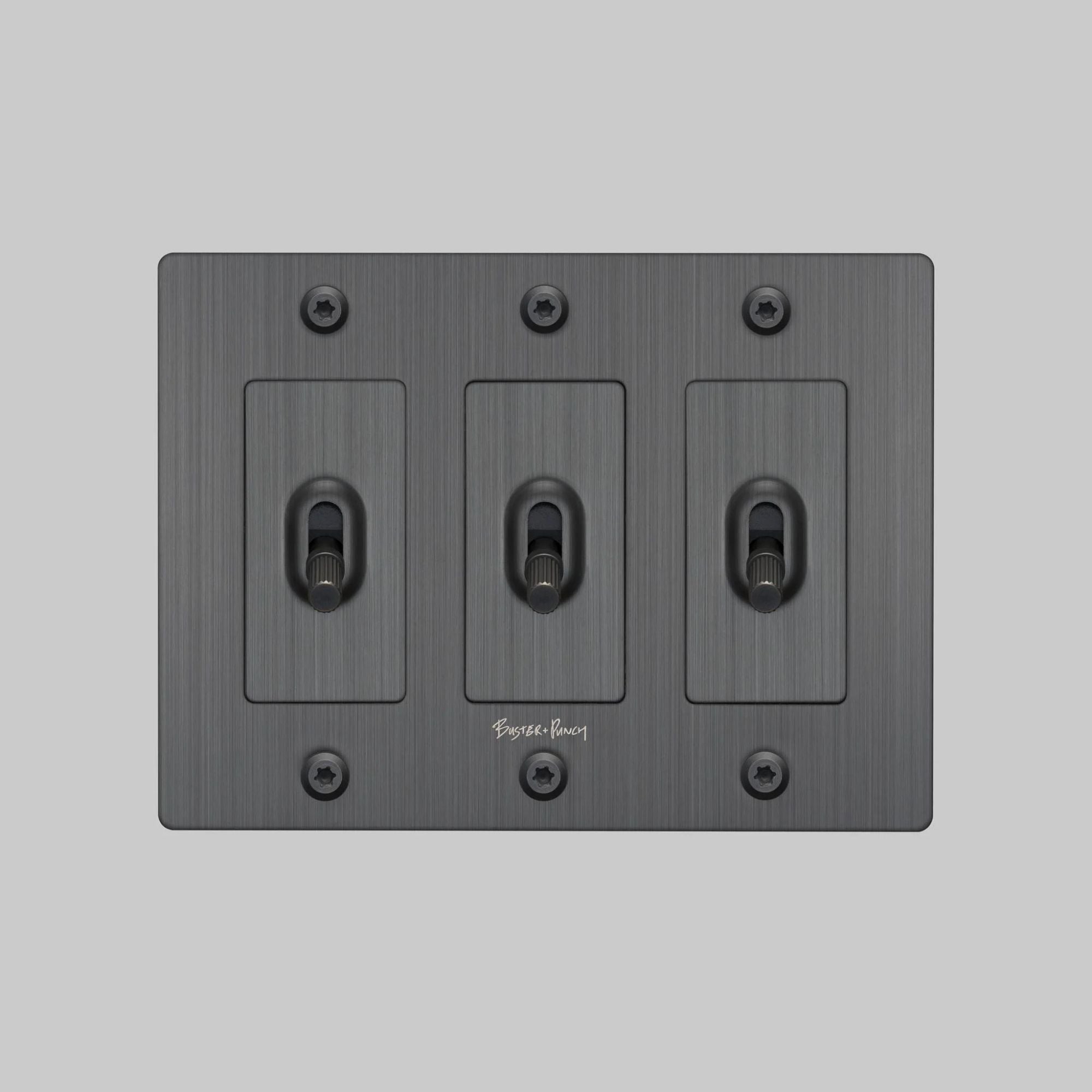 Buster + Punch NTK-094393 Linear 3-Gang Toggle Switch With Logo, 15A, Single Pole/3-Way, Smoked Bronze