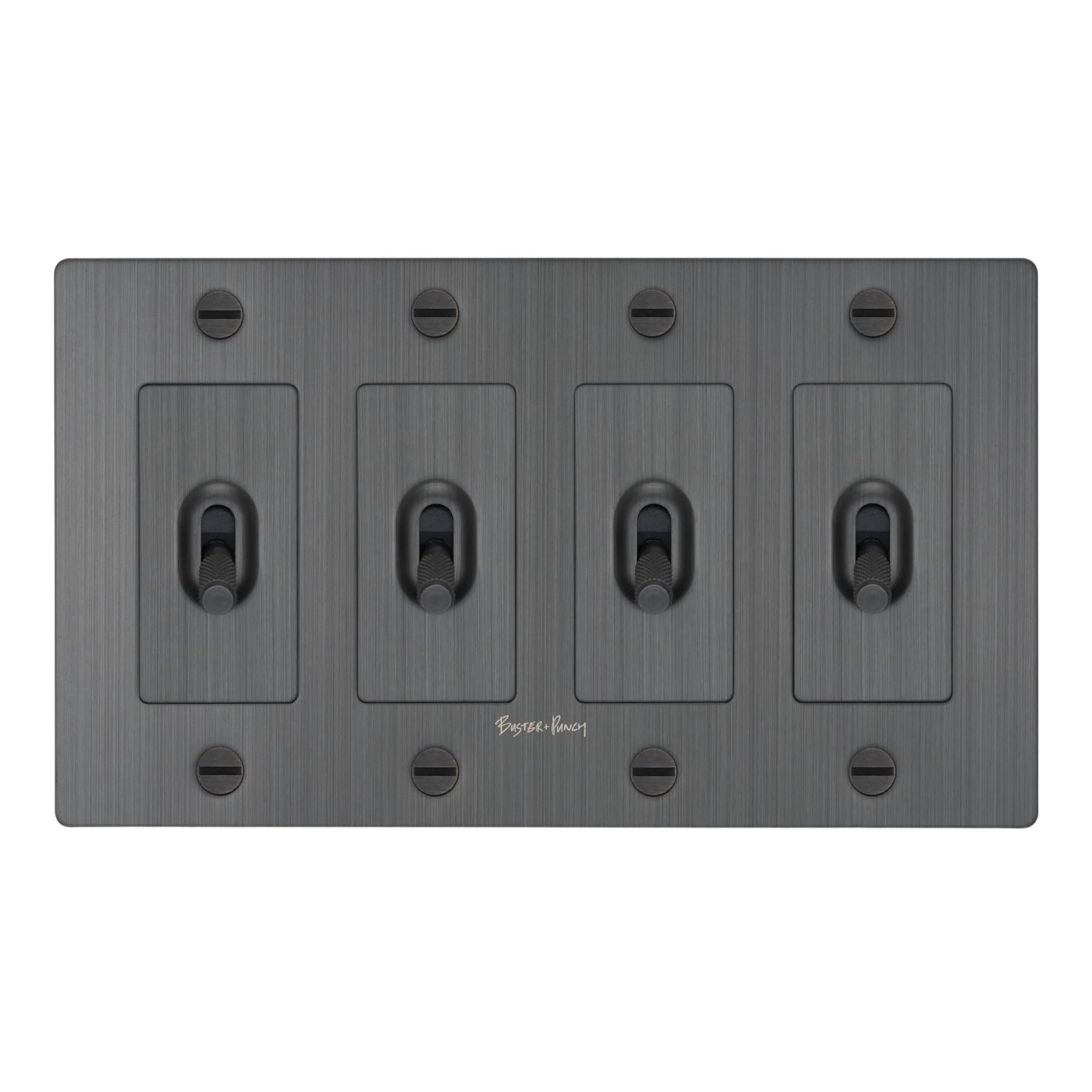Buster + Punch NTK-094403 Cross 4-Gang Toggle Switch With Logo, 15A, Single Pole/3-Way, Smoked Bronze