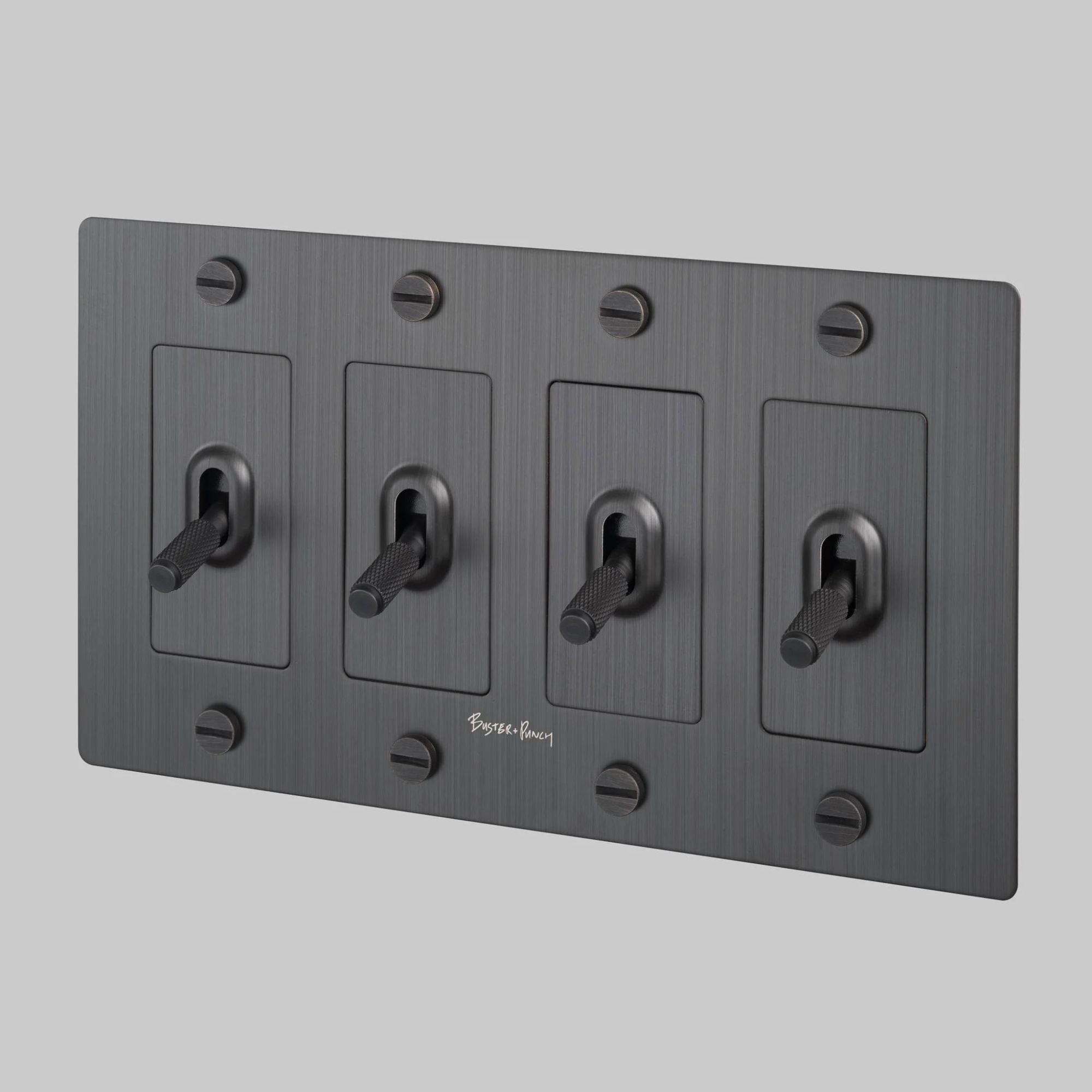 Buster + Punch NTK-094403 Cross 4-Gang Toggle Switch With Logo, 15A, Single Pole/3-Way, Smoked Bronze