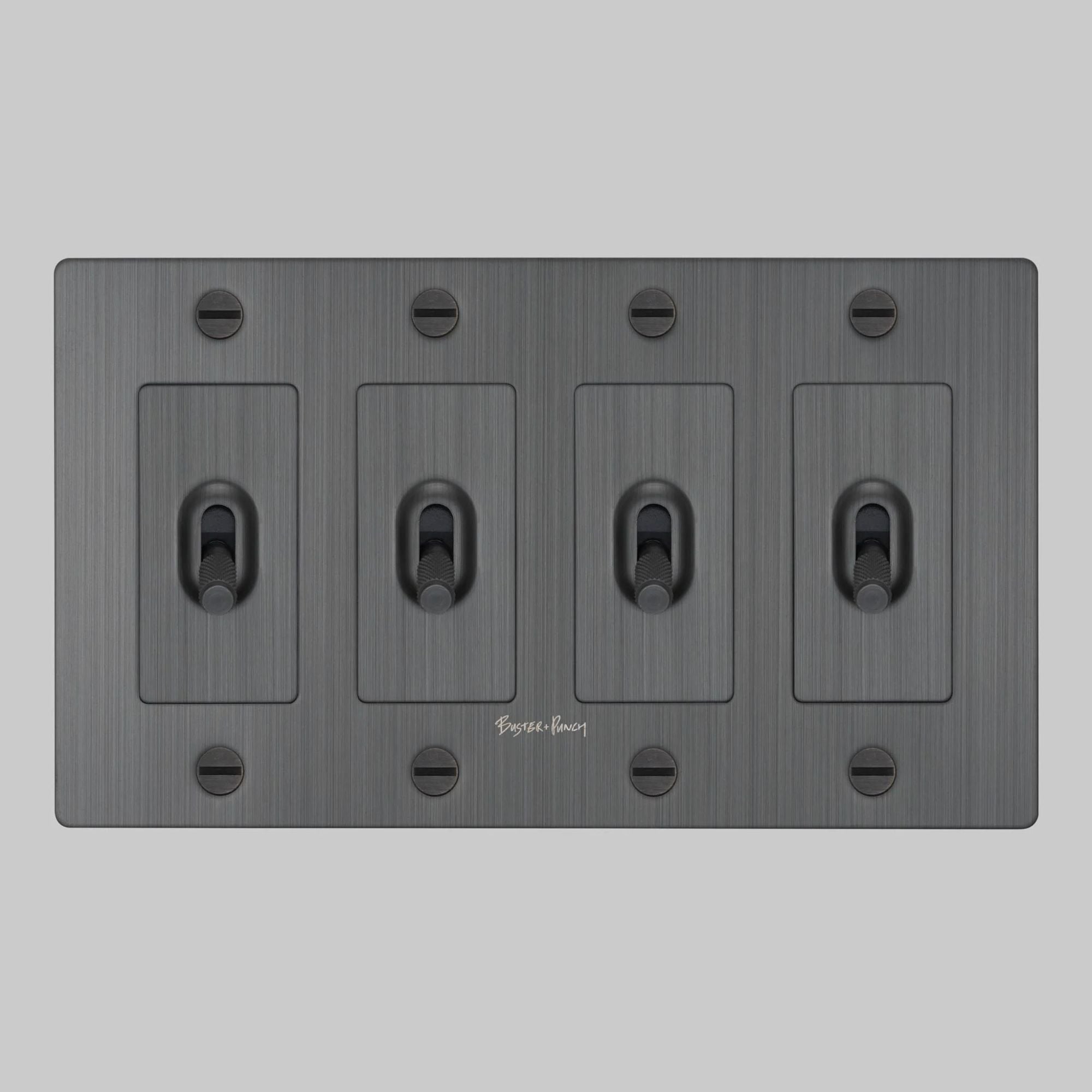 Buster + Punch NTK-094403 Cross 4-Gang Toggle Switch With Logo, 15A, Single Pole/3-Way, Smoked Bronze
