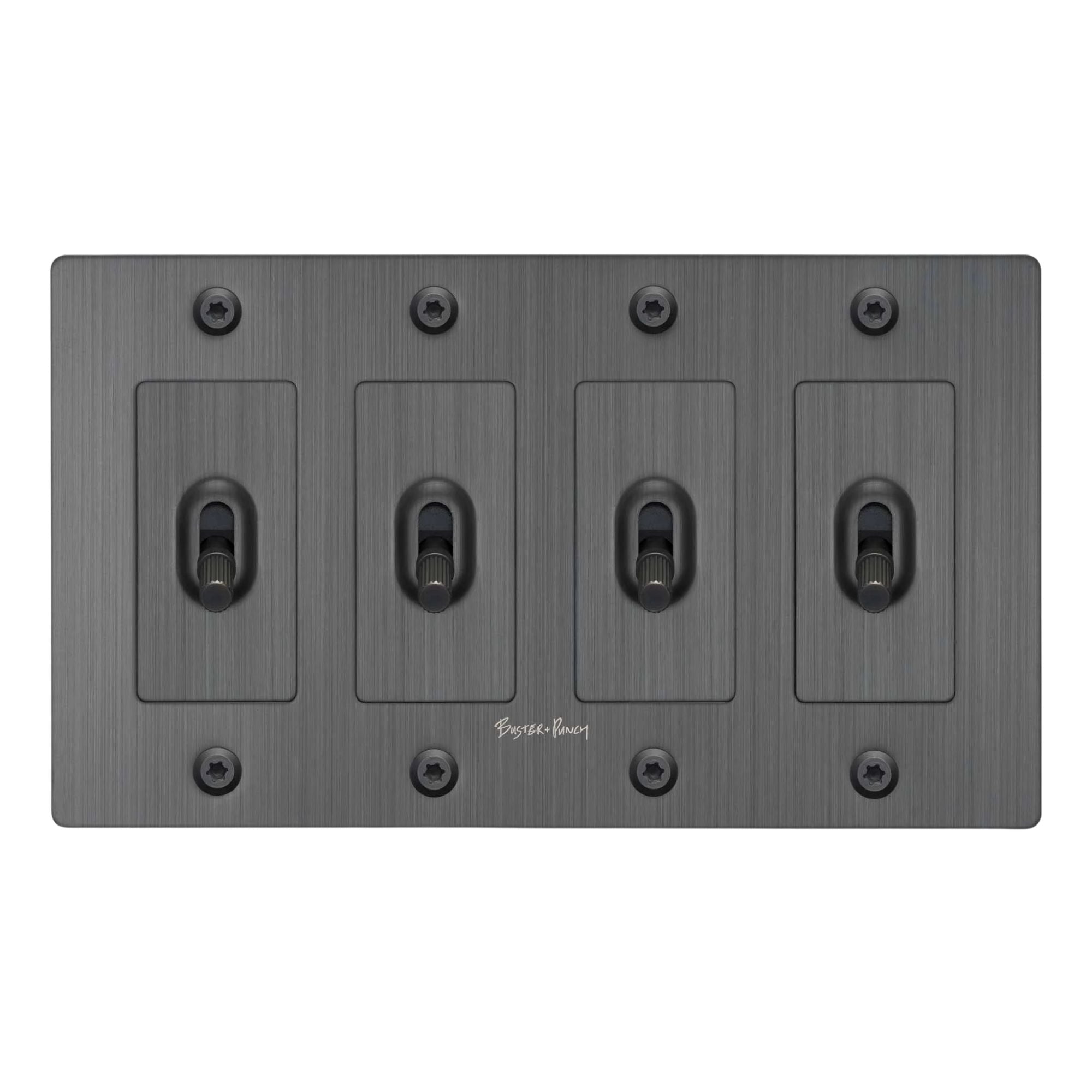 Buster + Punch NTK-094413 Linear 4-Gang Toggle Switch With Logo, 15A, Single Pole/3-Way, Smoked Bronze