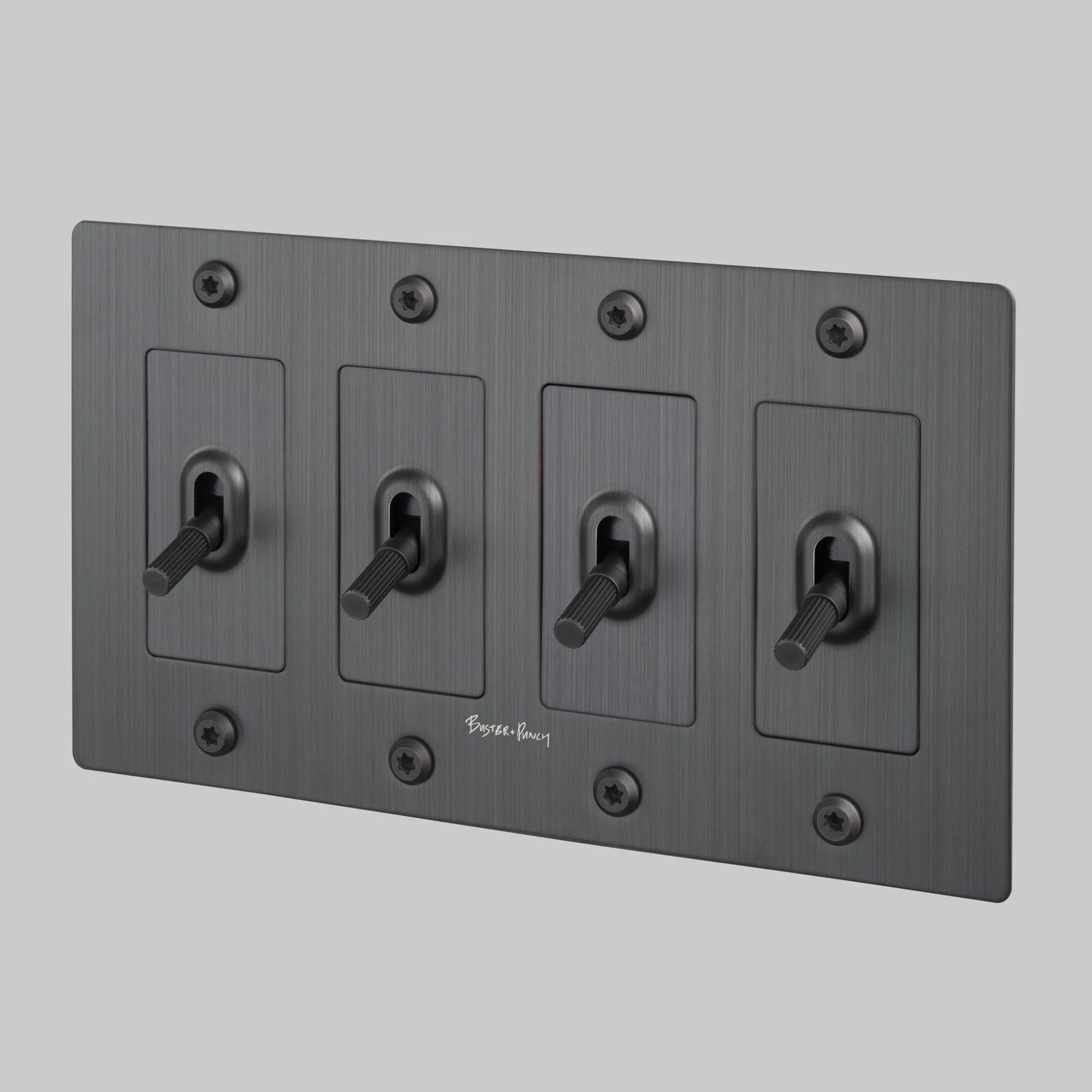 Buster + Punch NTK-094413 Linear 4-Gang Toggle Switch With Logo, 15A, Single Pole/3-Way, Smoked Bronze