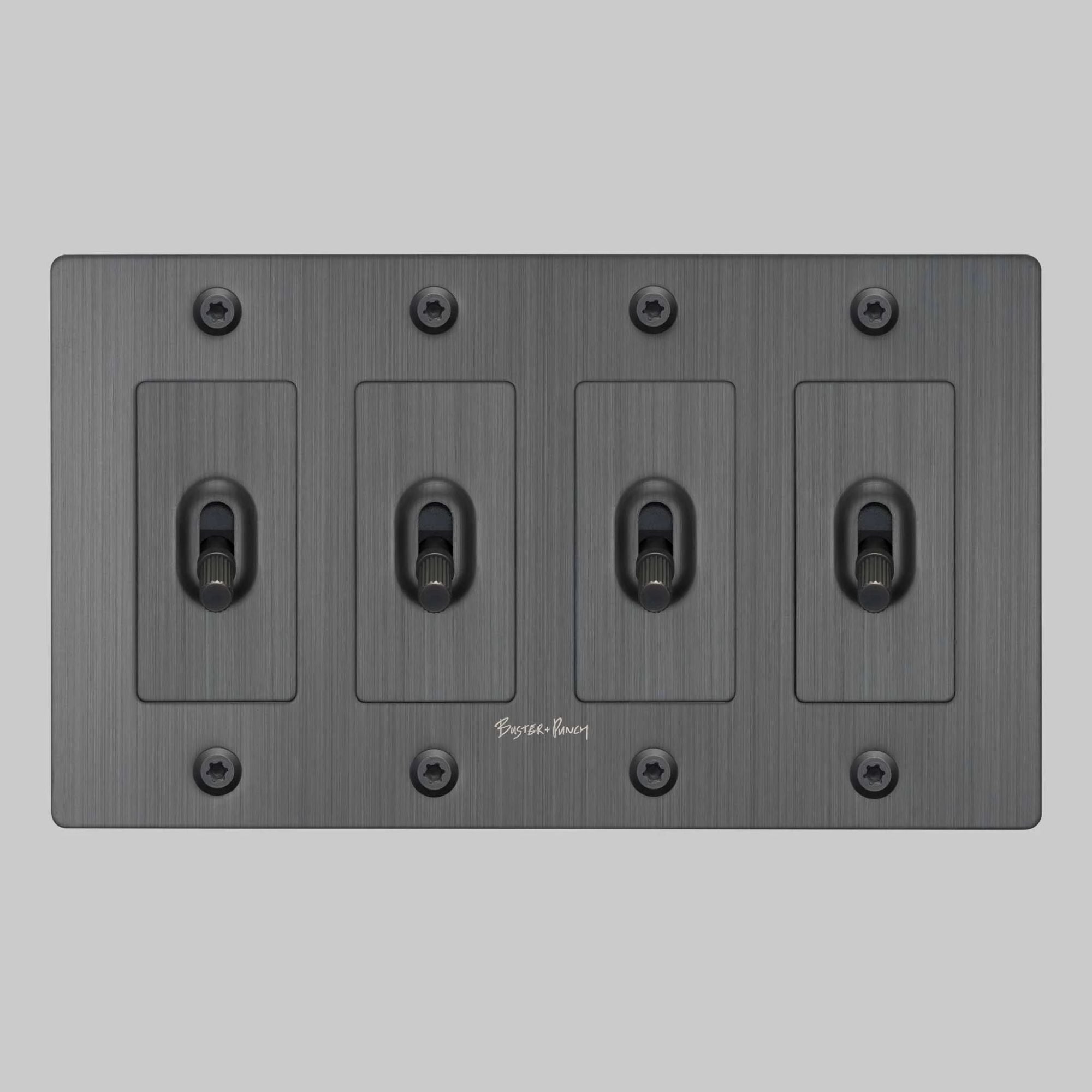 Buster + Punch NTK-094413 Linear 4-Gang Toggle Switch With Logo, 15A, Single Pole/3-Way, Smoked Bronze