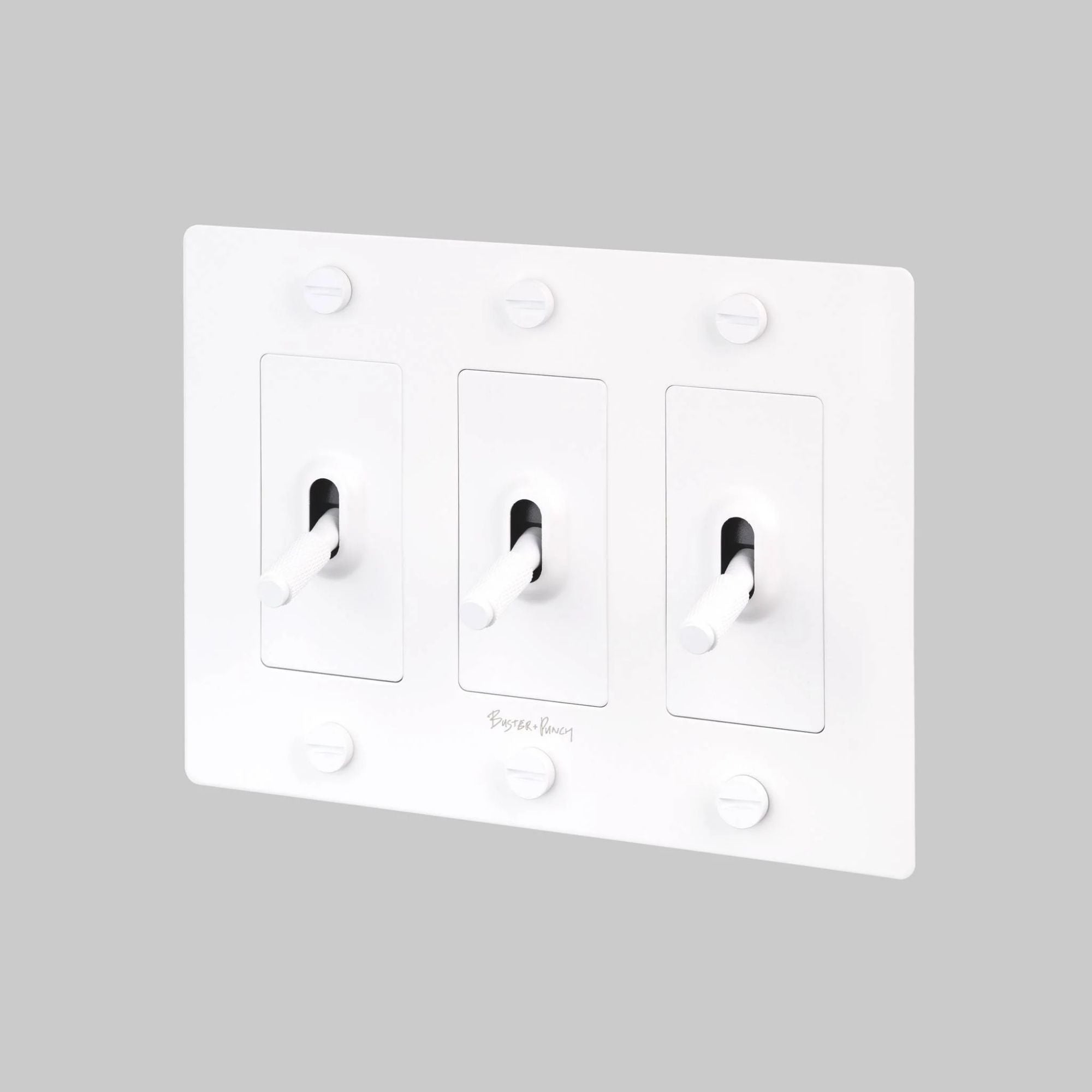 Buster + Punch NTK-144385 Cross 3-Gang Toggle Switch With Logo, 15A, Single Pole/3-Way, White